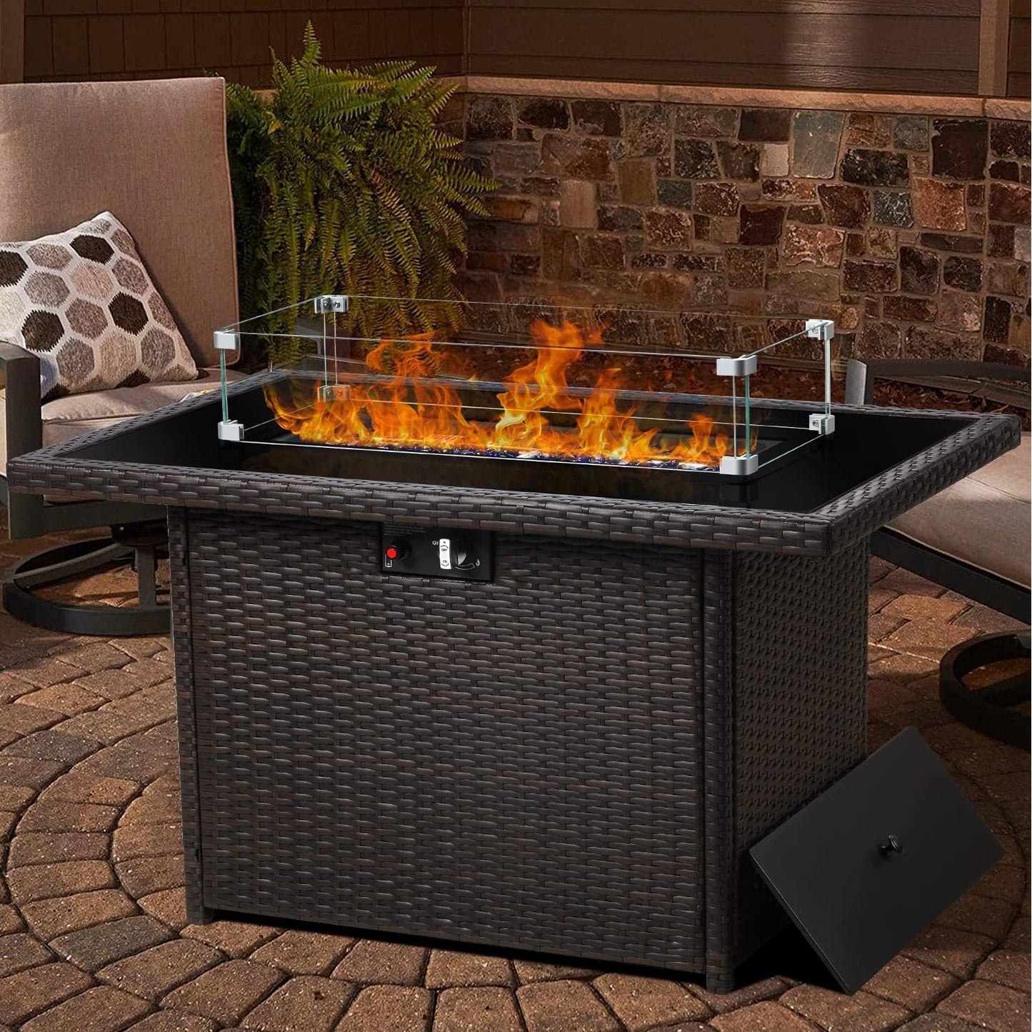 LayinSun 44" Propane Gas Fire Pit Table, 55000 BTU Rectangular Fire Pit with Glass Wind Guard for Outside Patio Deck Garden Backyard