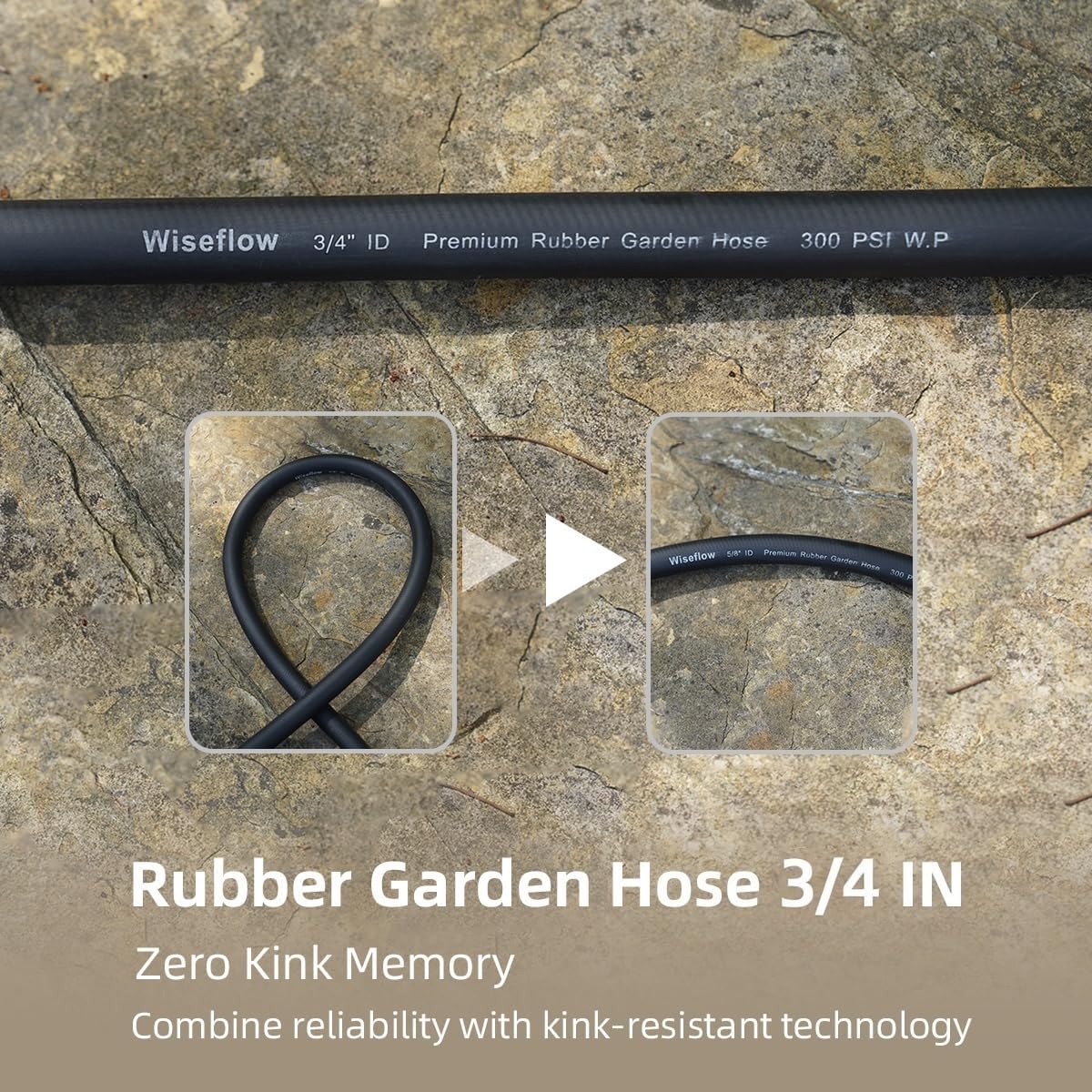 WiseFlow Garden Hose 150FT x 3/4", Heavy Duty Rubber Hose, 1000PSI Burst, 300PSI Working, Water Hose with Five Layered Braiding, Male Female Fittings (Black)