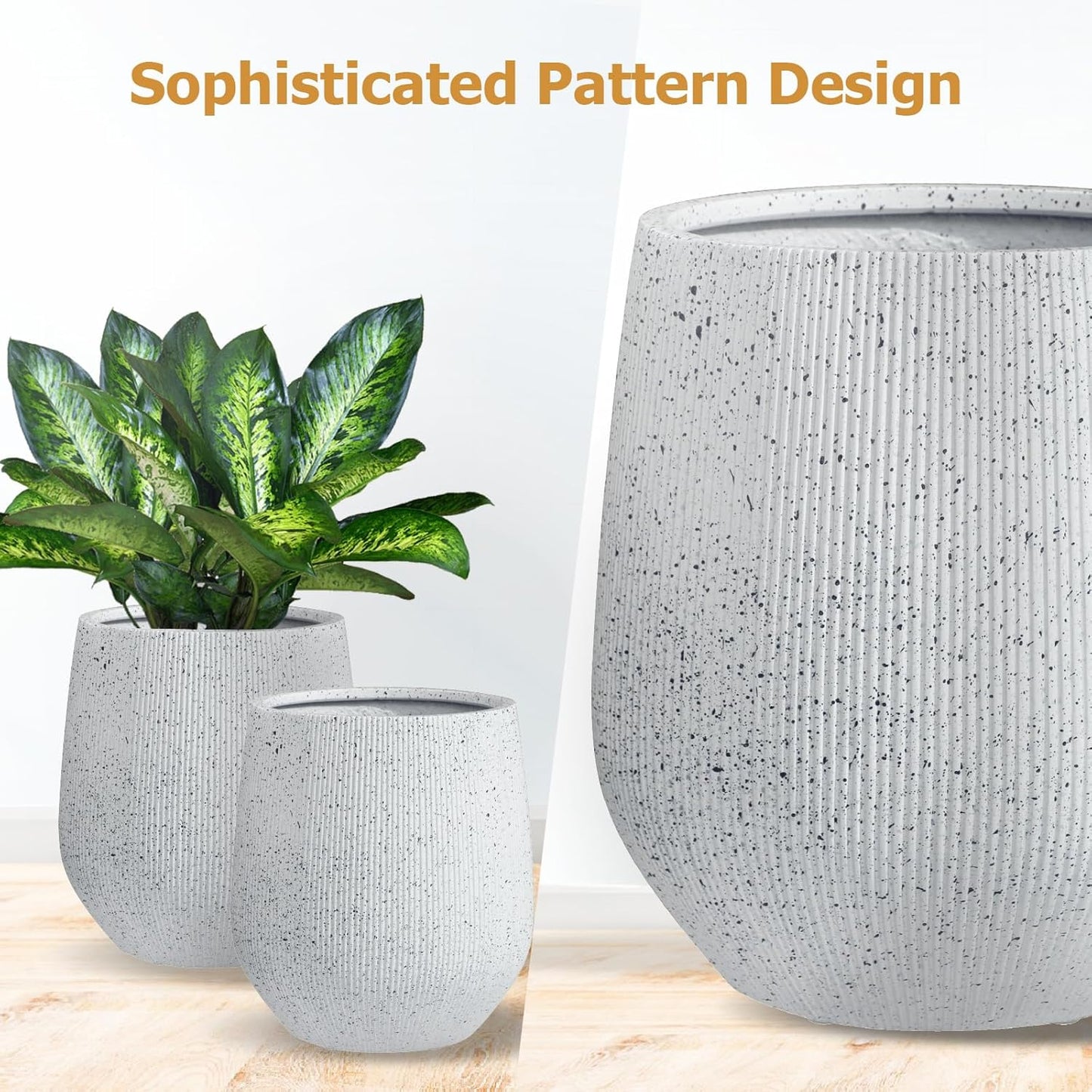 12.5" H x 11.5" D Ribbed Corso Fiberstone Round Planter with Drainage Hole, Weather Resistant, Indoor and Outdoor Use, Included 2 Extra Coco Mats (Ribbed Speckled White, 9" Pot Opening)