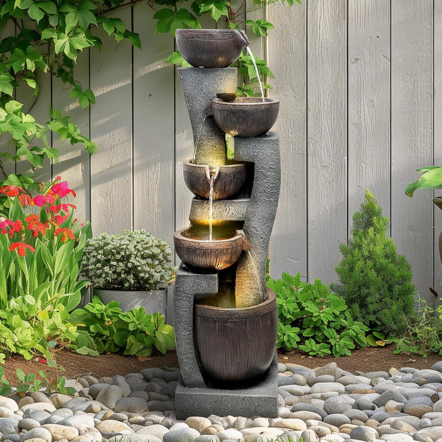SunJet 43.7" Indoor/Outdoor Modern Water Fountain - 5-Tiers Garden Cascading Fountain with Lights & Pump - Curve Shape Floor-Standing Waterfall Feature for Home Deck, Patio, Porch, Yard Decor