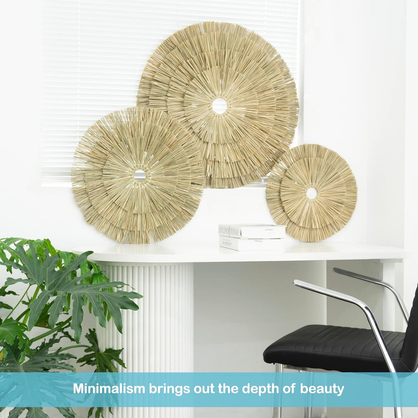 VATIMA Boho Wall Décor – Simple Oversized Wall Basket Décor for Home and Office – Seagrass Wicker Basket Wall Décor Set – 3pcs Flat Baskets – Easy to Hang – Handmade Design – Small/Medium/Large