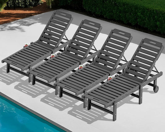 SERWALL Patio Chaise Lounge Set of 4, 78" Length Outdoor Lounge Chair with 5 Positions Adjustable Backrest, HDPE Lounge Chair with Rolling Wheels & Cup Holder for Poolside, Beach, Garden, Grey