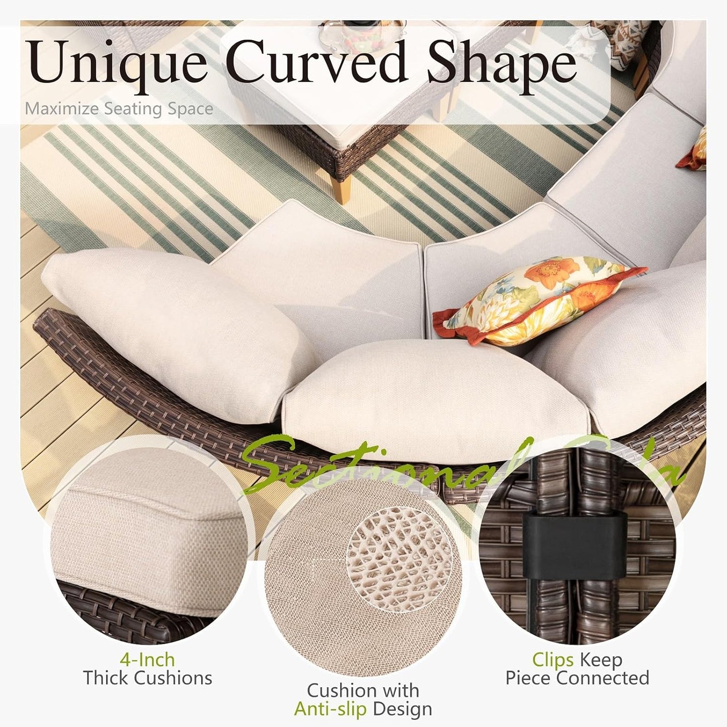 Sophia & William Half Moon Patio Furniture Set 8 Piece Outdoor Sectional Sofa Set, Wicker Patio Conversation Set with 1 Curved Sofa, 2 Armless Chairs, 2 Corner Couch, 2 Ottoman for Deck, Lawn (Beige)