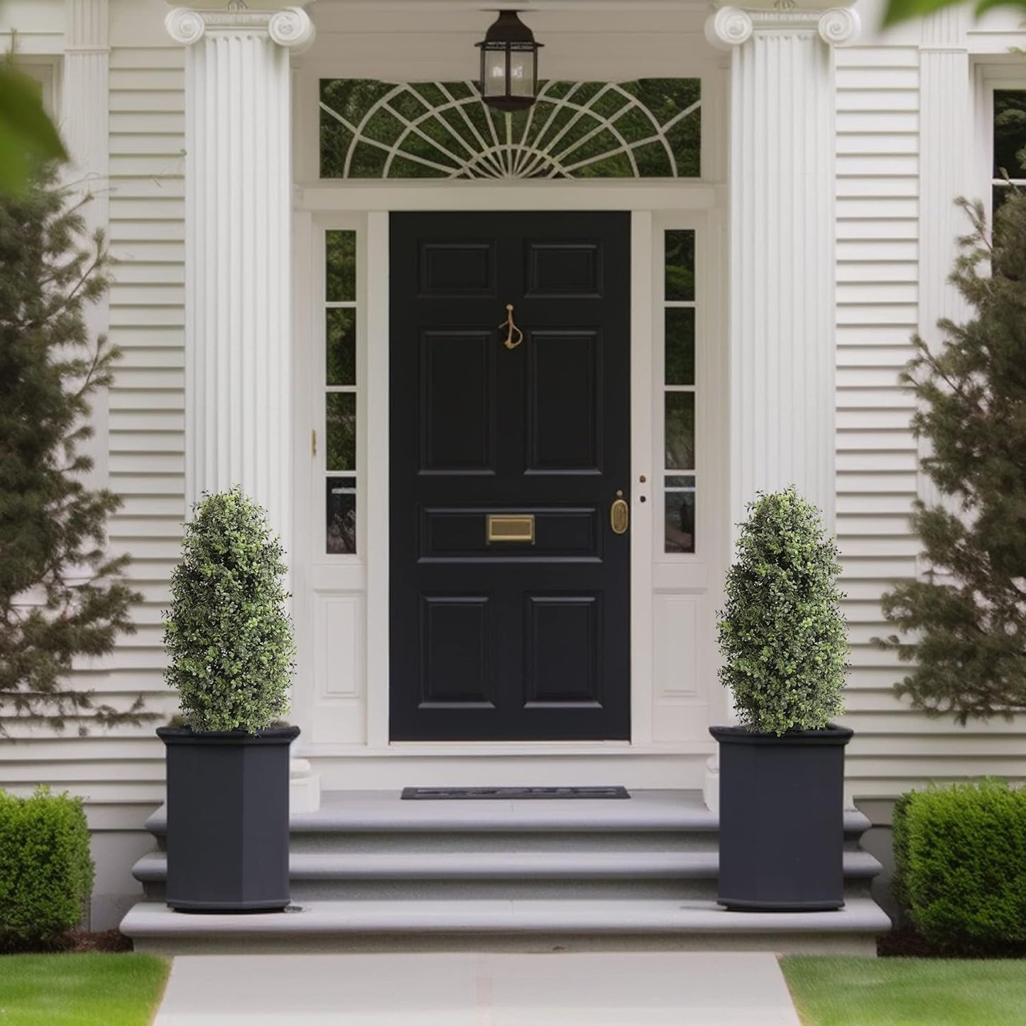 35inch Artificial Topiary Boxwood Tree, Faux Plants Outdoor 2 Packs Fake Bushes Faux Shrub, Artificial Topiary for Outdoors for Home Decor Indoor Front Porch