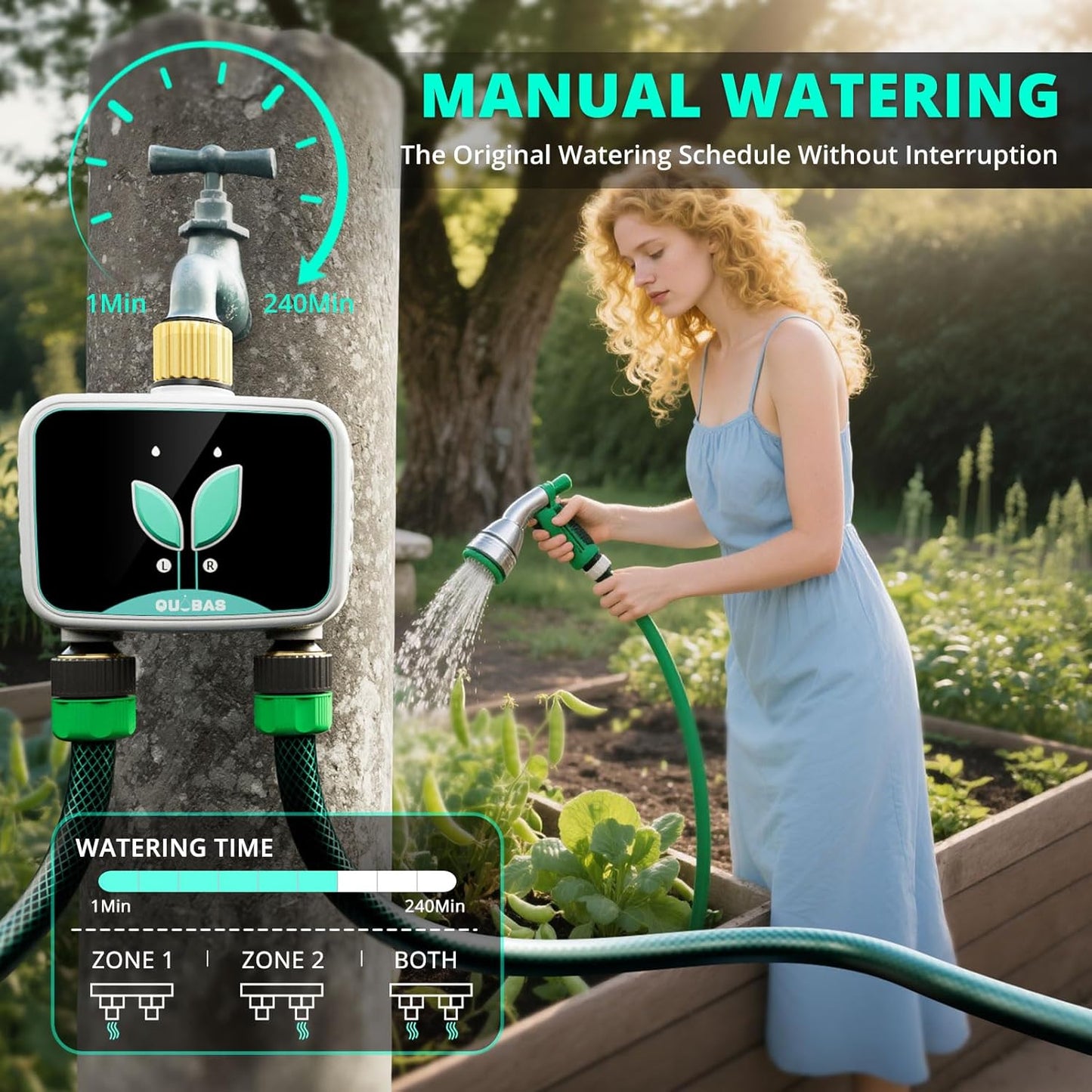 QUOBAS WiFi Sprinkler Timer with Brass Inlet & Outlet, 2-Zone Smart Water Timer for Garden Hose with APP Remote Control, Manual Watering, Rain Delay Watering, for Lawn, Garden