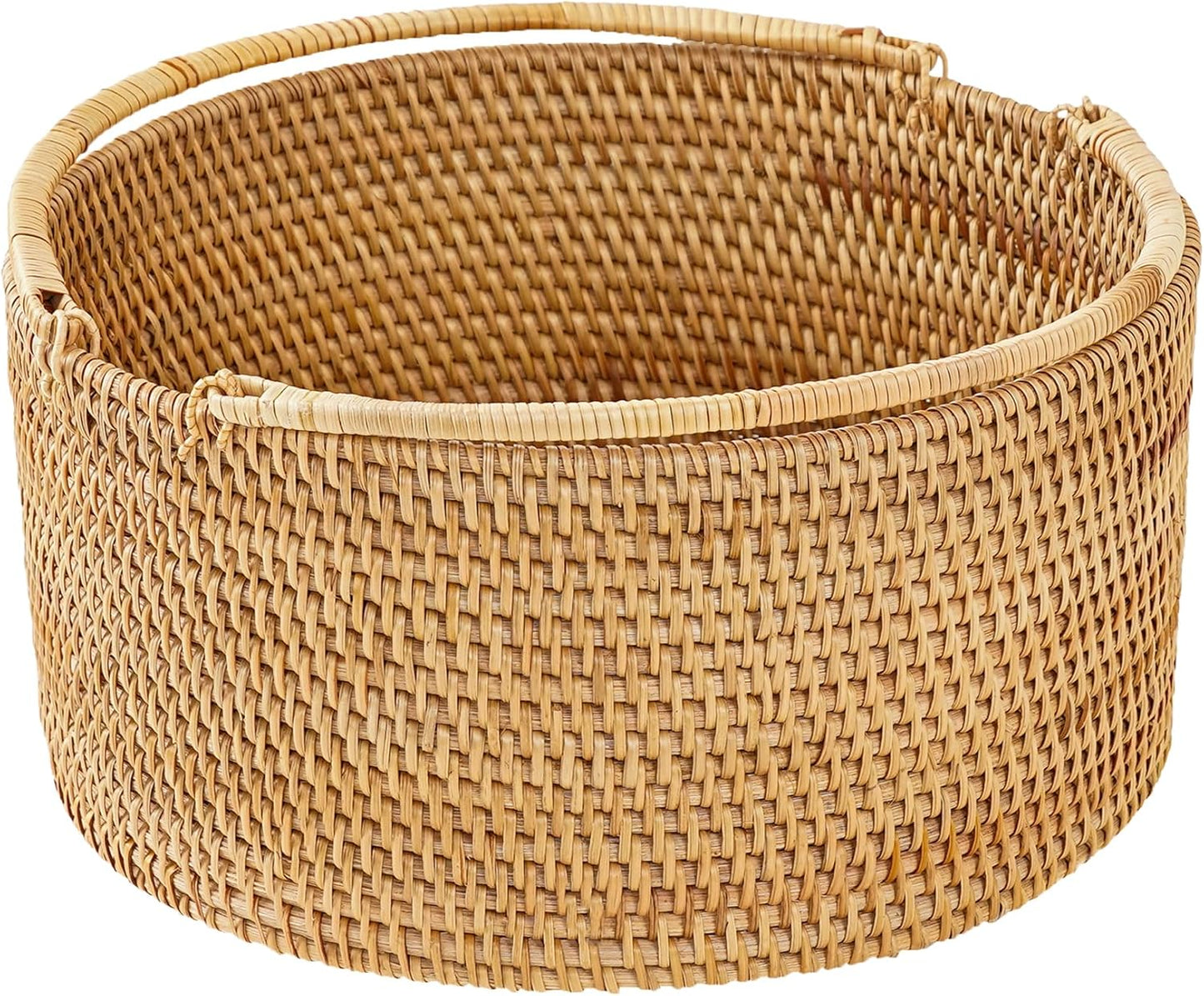 11"×11"×5" Rattan Picnic Basket with Handles, Large Round Gift Basket, Hand-Woven Basket for Fruit, Empty Gift Basket for Festival, Wedding, Camping