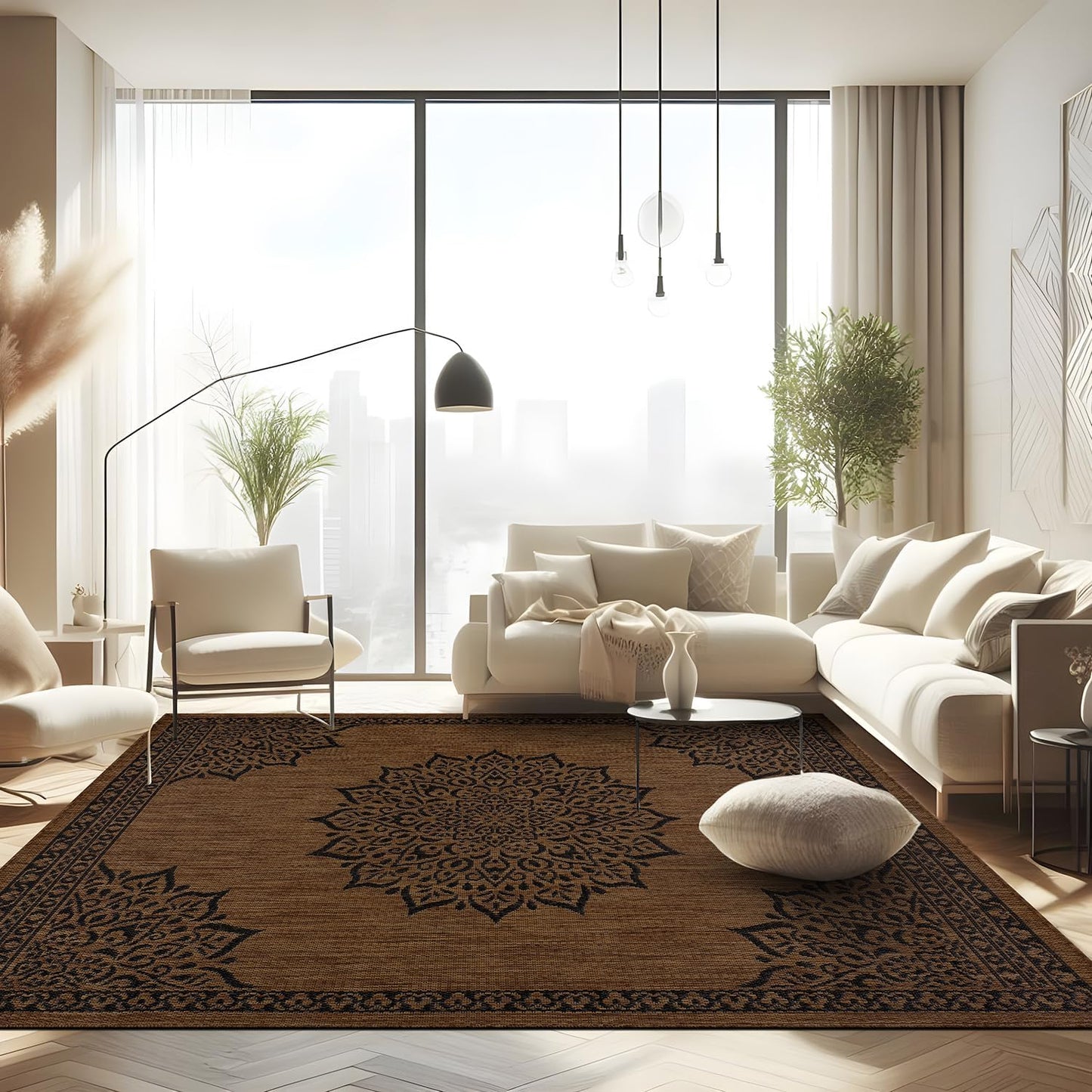 CAMILSON Outdoor Rug, 10x14 Medallion Nut Brown Black Modern Area Rugs for Large Indoor and Outdoor Patios, Kitchen and Hallway Mats, Washable Porch Deck Outside Carpet (Nut Brown Black, 10 x 14)