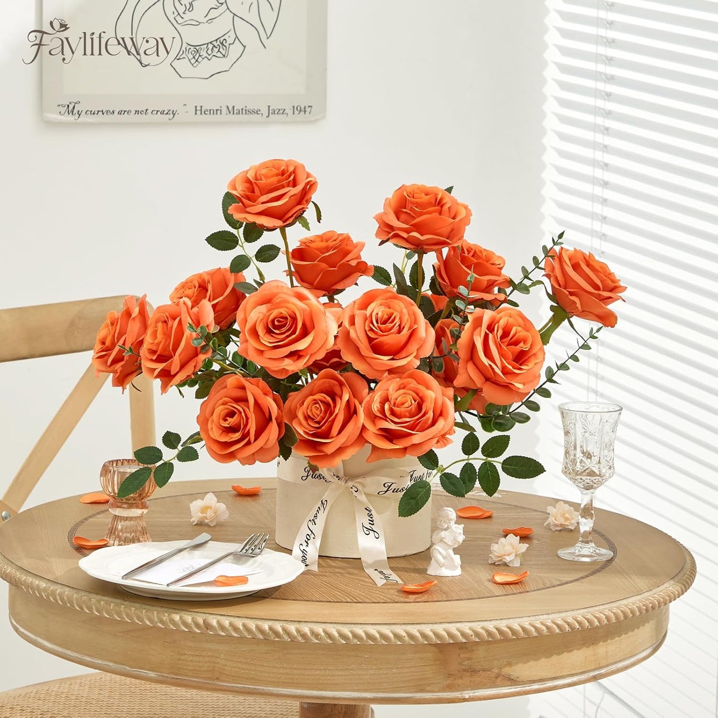 20PCS Artificial Light Orange Roses, 3.9'' Silk Flower Head Fake Light Orange Rose with Long Stems, Realistic Faux Roses Bouquet for Mother's Day DIY Wedding Home Party Office Decoration