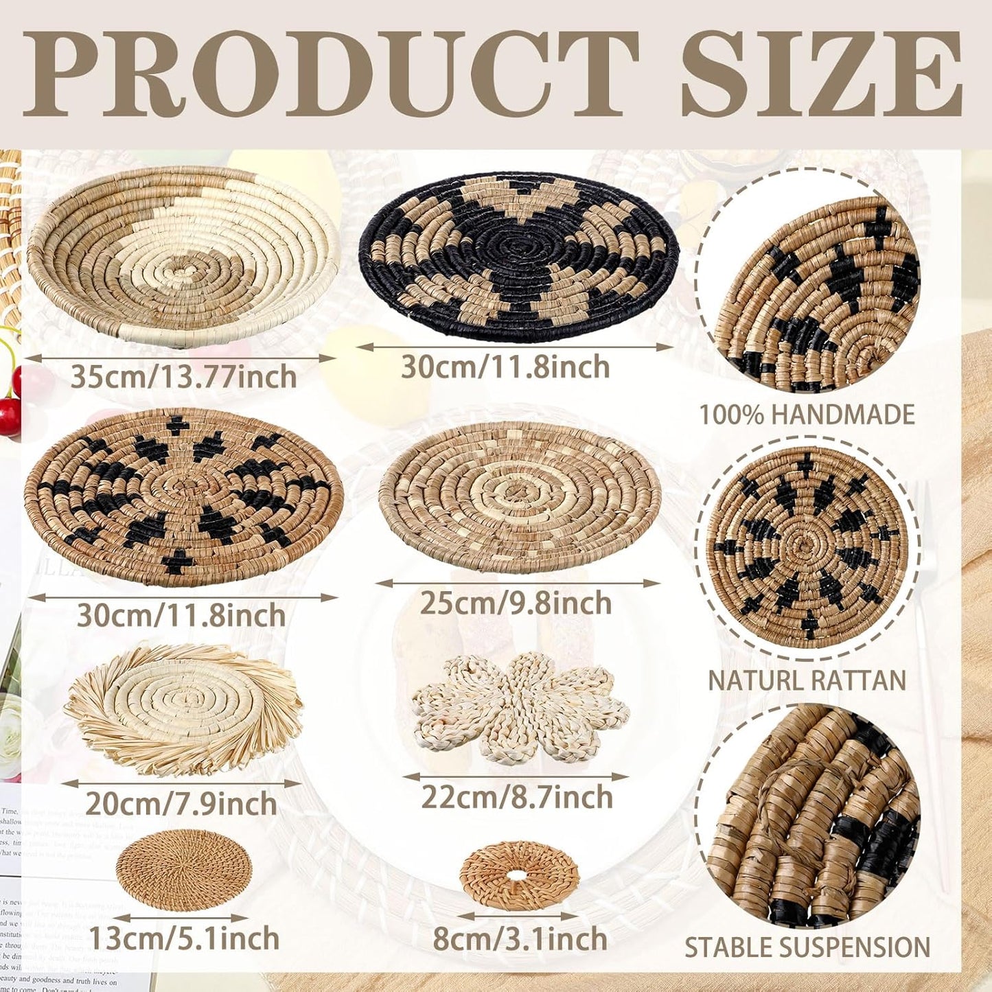 Xuhal 11 Pcs Boho Hanging Wall Basket Decor Handmade Woven Basket Wall Decorative Boho Wicker Baskets Placemats Round Farmhouse Bulrush Art for Rustic Home Decorations Christmas Gift(Rustic)