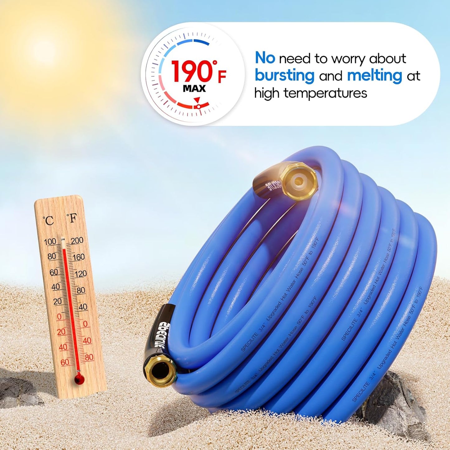 Hot/Cold Garden Water Hose 75 ftx 3/4 in, -50℉ To 190℉, Heavy Duty, Flexible, Burst 605 Psi, Lightweigh, Upgraded Rubber Pipe with 3/4" Brass Fittings For Backyard, Outdoor, Farm, Blue