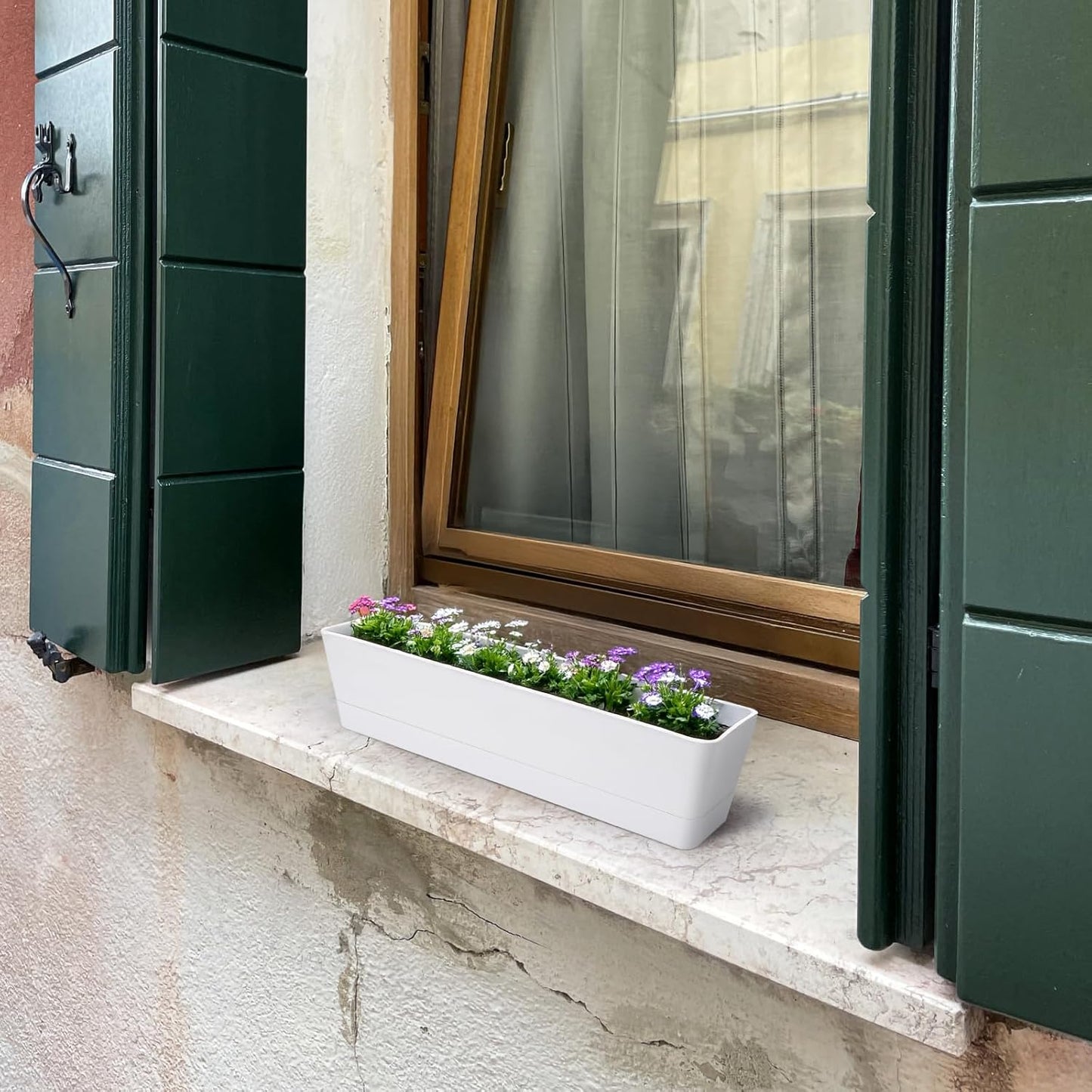 GREANER 16x3.8 Inch Window Boxes Planters, 1PCS White Vegetable Herb Planters with Tray, Indoor Succulent Cactus Flowers Plastic Rectangle Pot for Balcony, Office, Garden, Outdoor, Windowsill