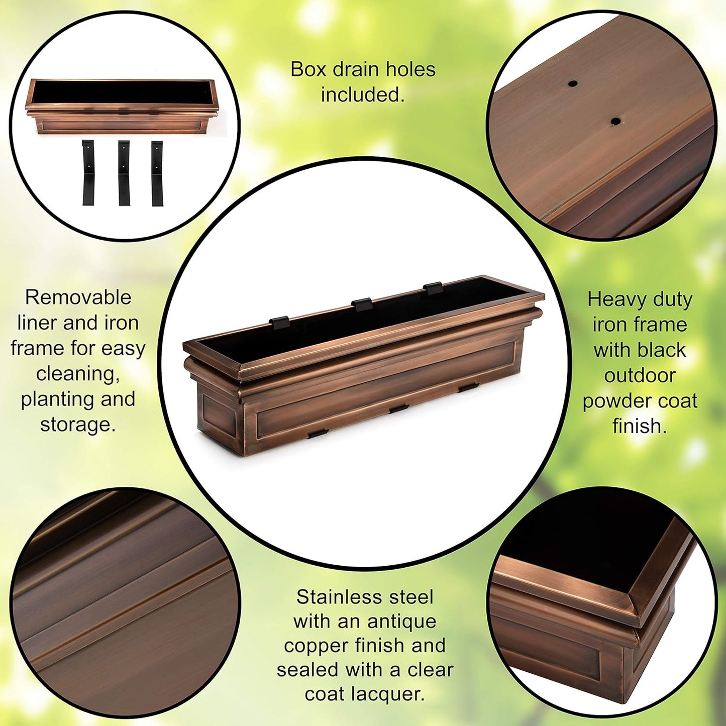 H Potter Window Planter Box Copper Flower Outdoor Plant Container for Windows Attach to House Deck Balcony Long Rectangular Shape 36 Inch GAR513A