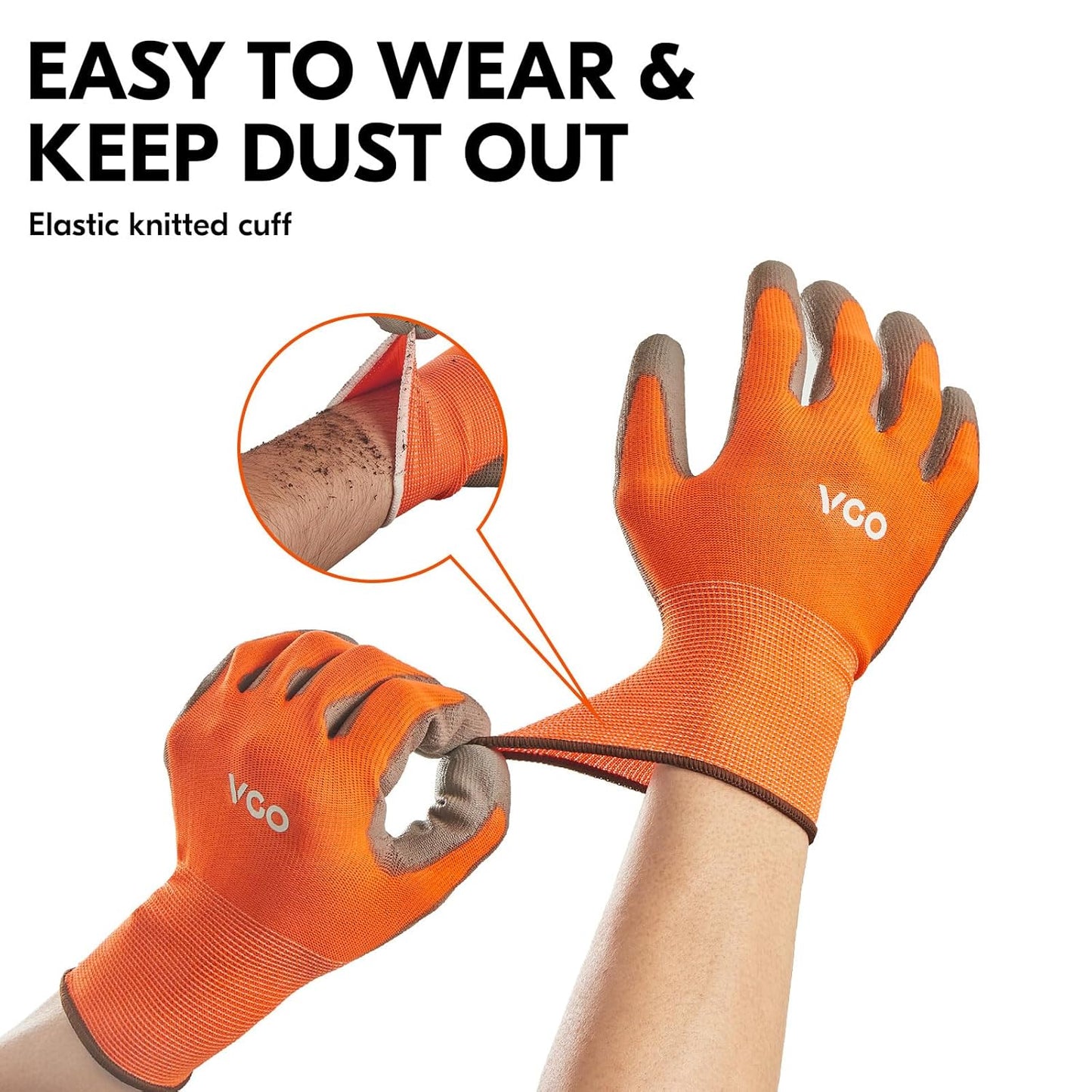 Vgo... 15-Pairs Safety Work Gloves, Gardening Gloves, Polyurethane Coated, Dipping Gloves, Latex Free (Size M,Orange, PU2103)