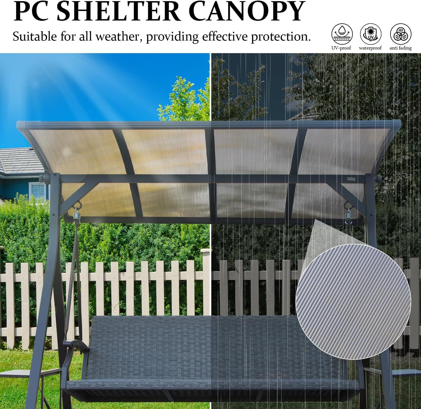 Domi 3-Seat Outdoor Porch Swing w/Adjustable Polycarbonate Hardtop and Side Table, Wicker Patio Swing Chair Bench with Steel Frame and Quick-Drying Foam Seat, Perfect for Backyard Garden and Lawn