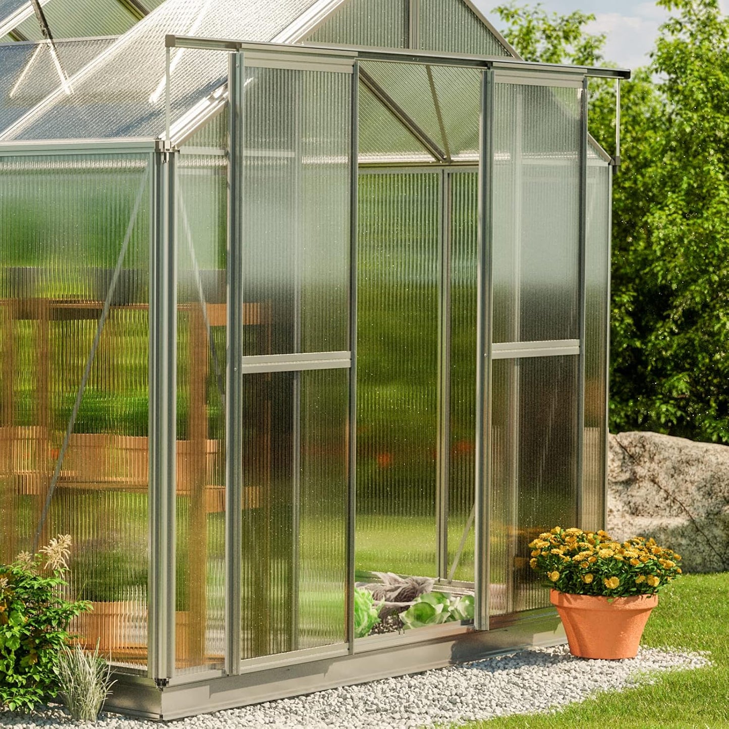 Greenhouse Saphir 5 Aluminum Frame 8.5 x 10.6 ft Approx. 8 mm Polycarbonate Panels - with Bonus Base Frame and Automatic Vent Opener