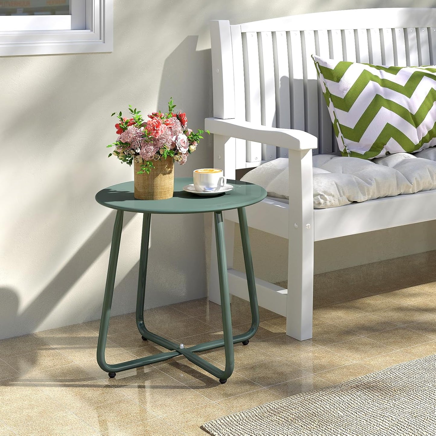 HollyHOME Round Metal Side Table, Rust-Resistant Patio Small Plant Stand, Outdoor 17.32'' Portable End Table for Balconies, Gardens, Living Rooms and Bedrooms, Atrovirens