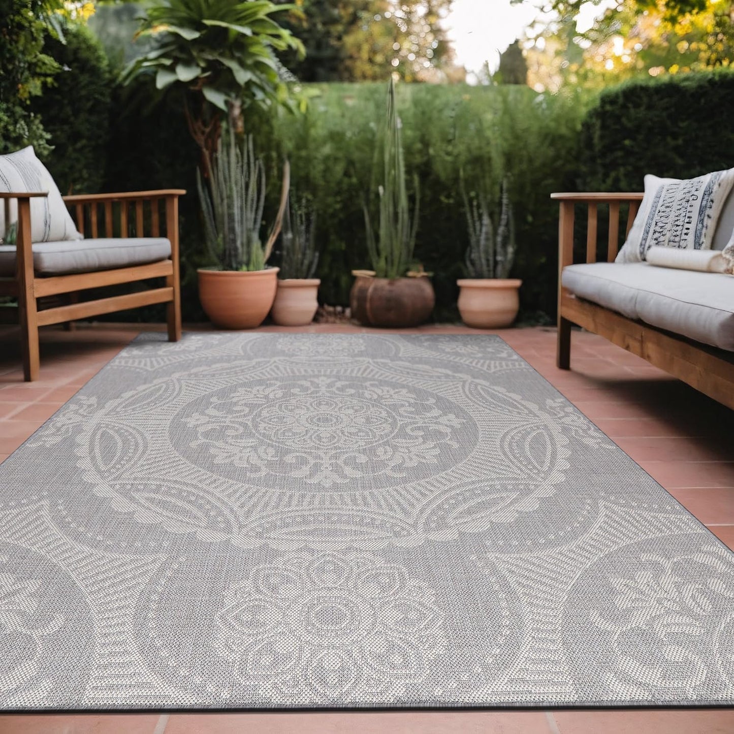 Medallion Outdoor Rug 8x10 Washable Outside Carpet for Indoor Patio Porch Waterproof Easy Cleaning Non Shedding Area Rugs Gray 8 x 10