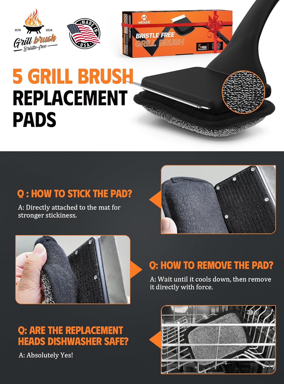 MEKER Grill Brush Bristle Free, Grill Cleaner Brush with 5 BBQ Replacement Head for Cast Iron, Stainless Steel Grates, Safe Grill Scraper Outdoor BBQ Grill, Black