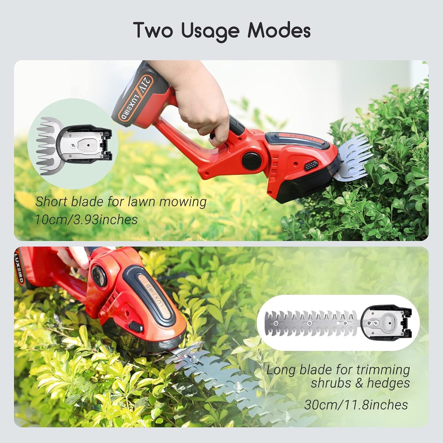 LUXBIRD Cordless Grass Shears, 2-in-1 Mini Hedge Trimmer Cordless,Light Handheld Grass Trimmer, Electric Shrub Trimmer with 2Pcs Rechargeable Batteries