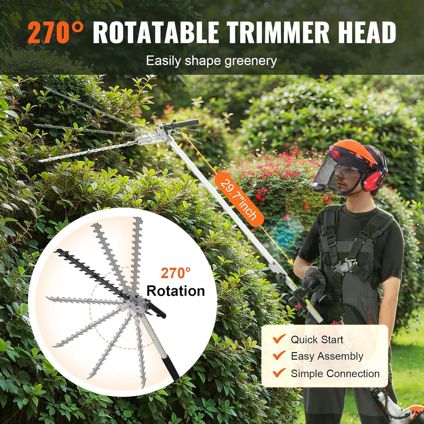VEVOR Gas Hedge Trimmer 2 Cycle with Extension Pole, 15.7-inch 26cc Gas Powered Pole Hedge Trimmer with Dual Sided Dual Action Blade, Great for Trimming Shrubs, Bushes, w/EPA, CE and EMC Certification