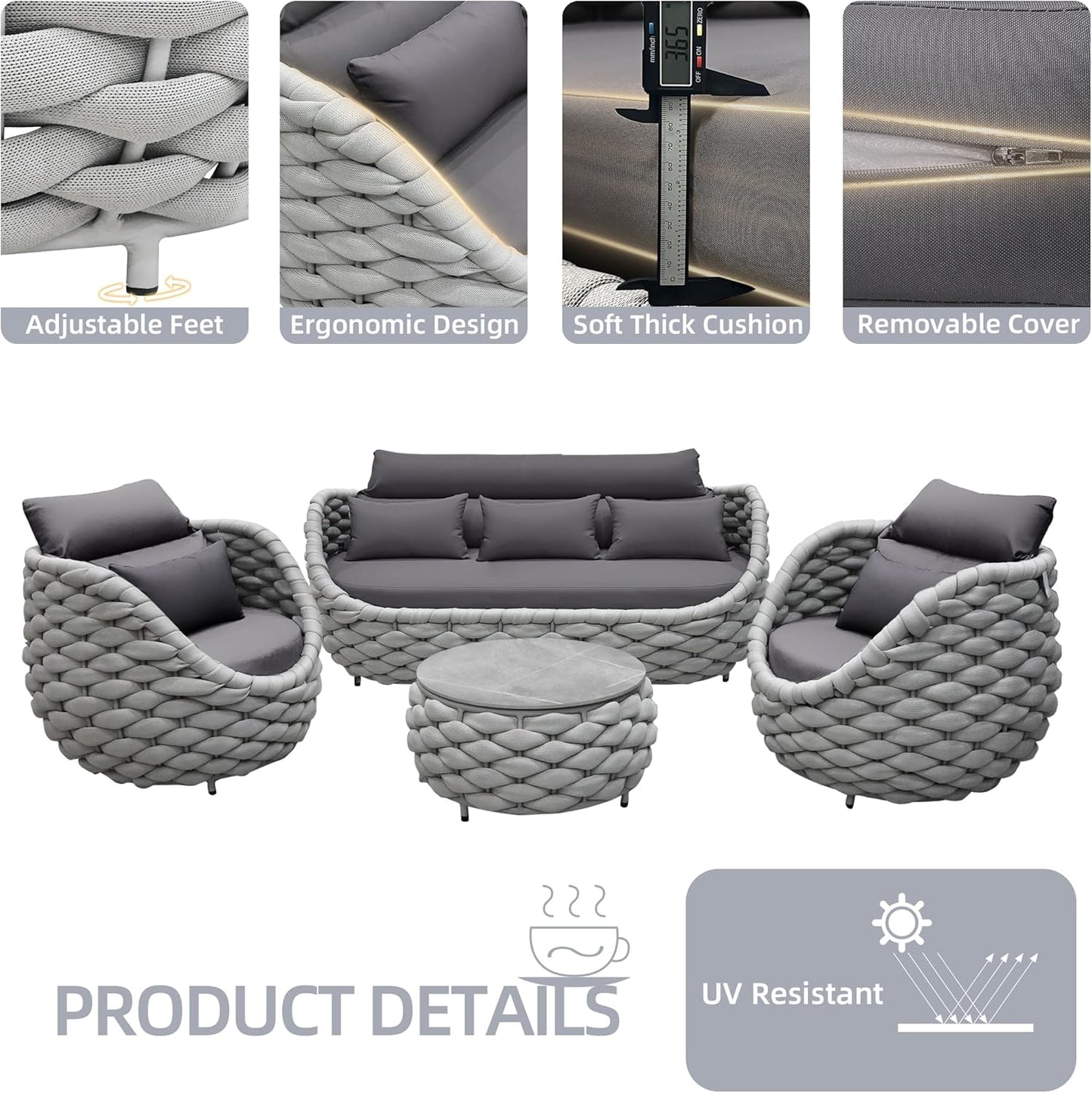 TWT Aluminum Patio Furniture Set Three Seater Sofa Outdoor Furniture Set w/Coffee Table,Patio Conversation Set with Hand Woven Polyester Rope for Bedroom Backyard Poolside, Grey