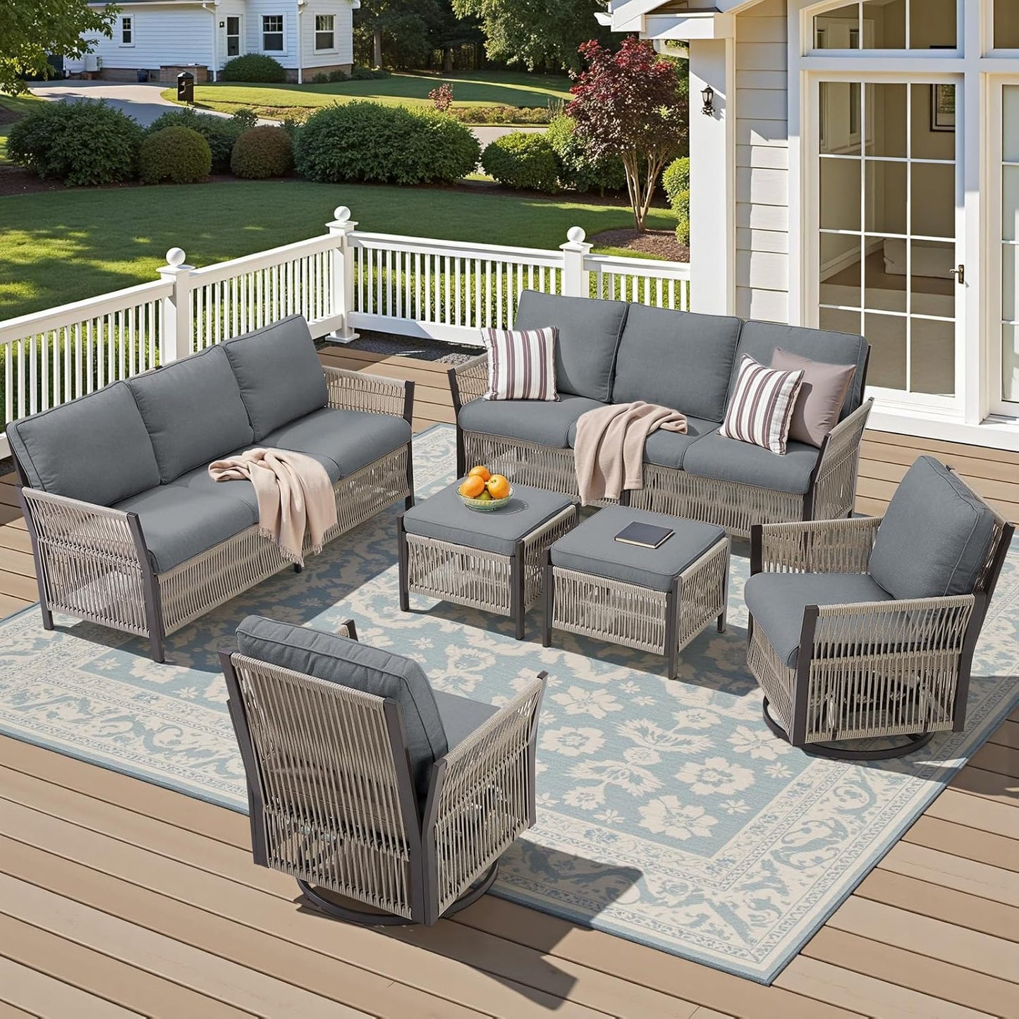 Patio Furniture Wicker Outdoor Conversation Set, 6-Piece All Weather Patio Furniture Rattan 2 Sofa Sets w/ Swivel Rocking Chairs & Ottomans, Side Table for Backyard, Balcony, Deck - Dark Grey
