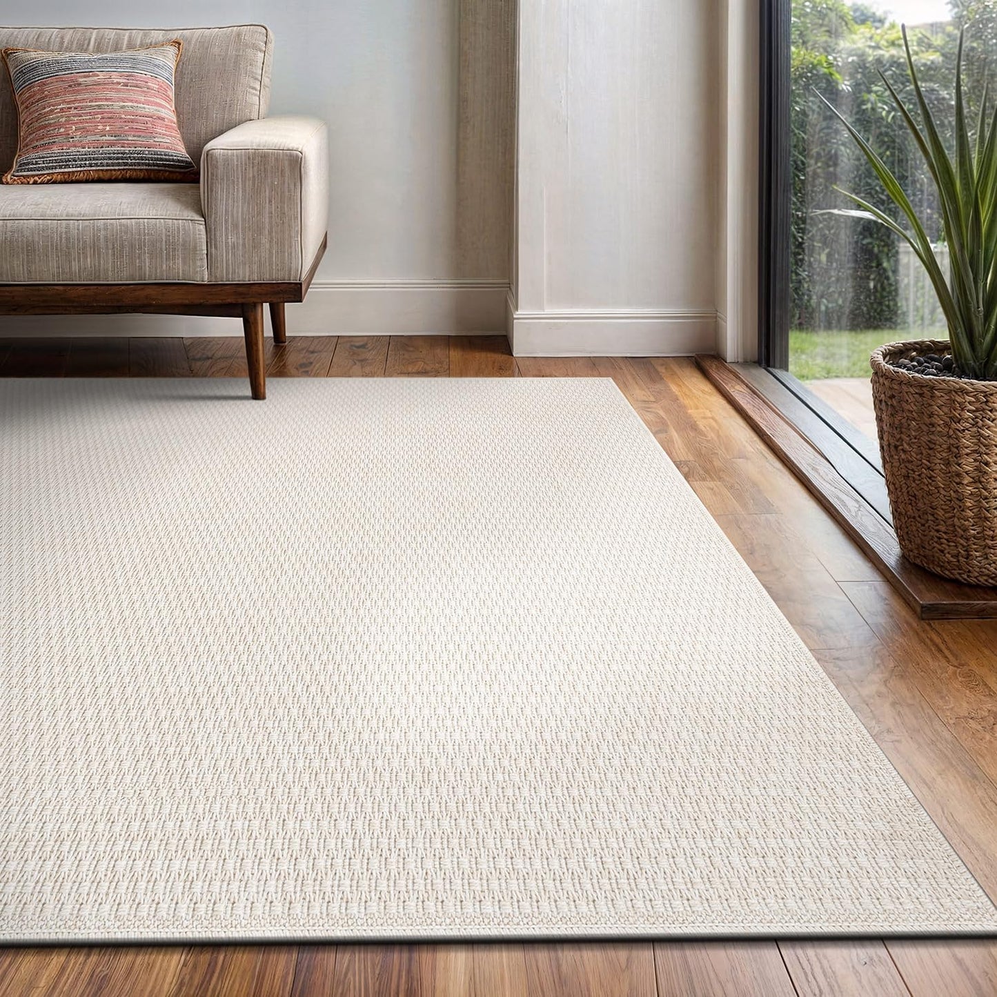 Easy Jute Rug 5x7 Indoor Outdoor Natural Rugs Solid Fiber Rug Woven Area Rug Boho Easy Clean Inside Carpet for Living Room Bedroom Dining Room Hallway or Outdoor Patio Porch (5 X 7 Bone)