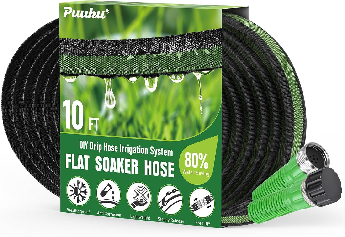 Flat Soaker Hose 10FT for Garden and Lawns, 80% Water-Saving Drip Irrigation Hose with Anodized Aluminum Ends, Flexible Leakproof Double Layer Gardening Hoses ﻿