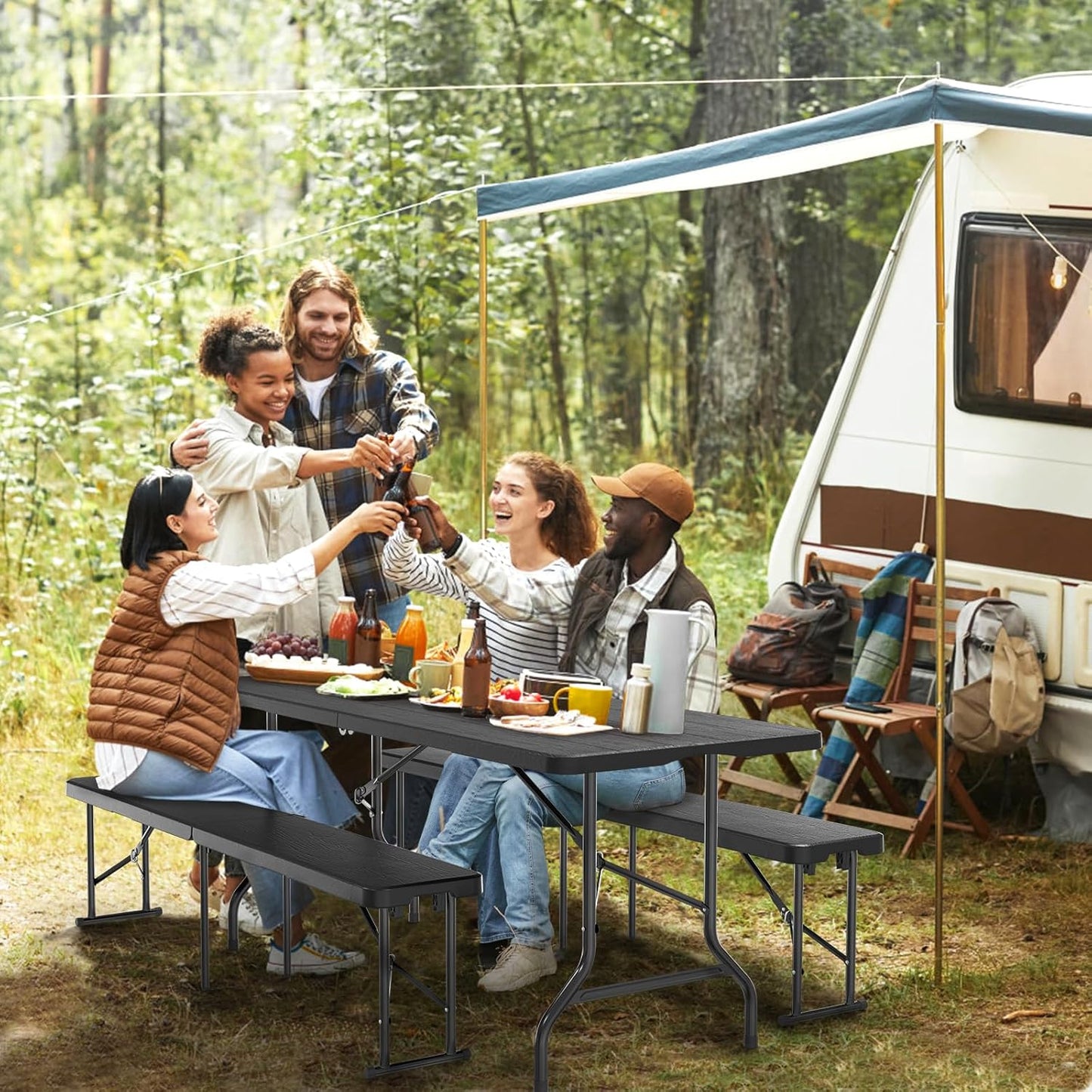 VINGLI 6 Foot Plastic Folding Table Portable Long Table for Indoor Outdoor Use Rectangular with Carrying Handle, Tree Patterned HDPE Tabletop, Black