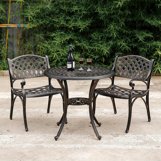 Bistro Set 3 Piece Outdoor Cast Aluminum Patio Bistro Set Patio Set Metal Bistro Table and Chairs Set of 2 with Umbrella Hole for Deck, Gardens, Bronze (Woven Backrest)