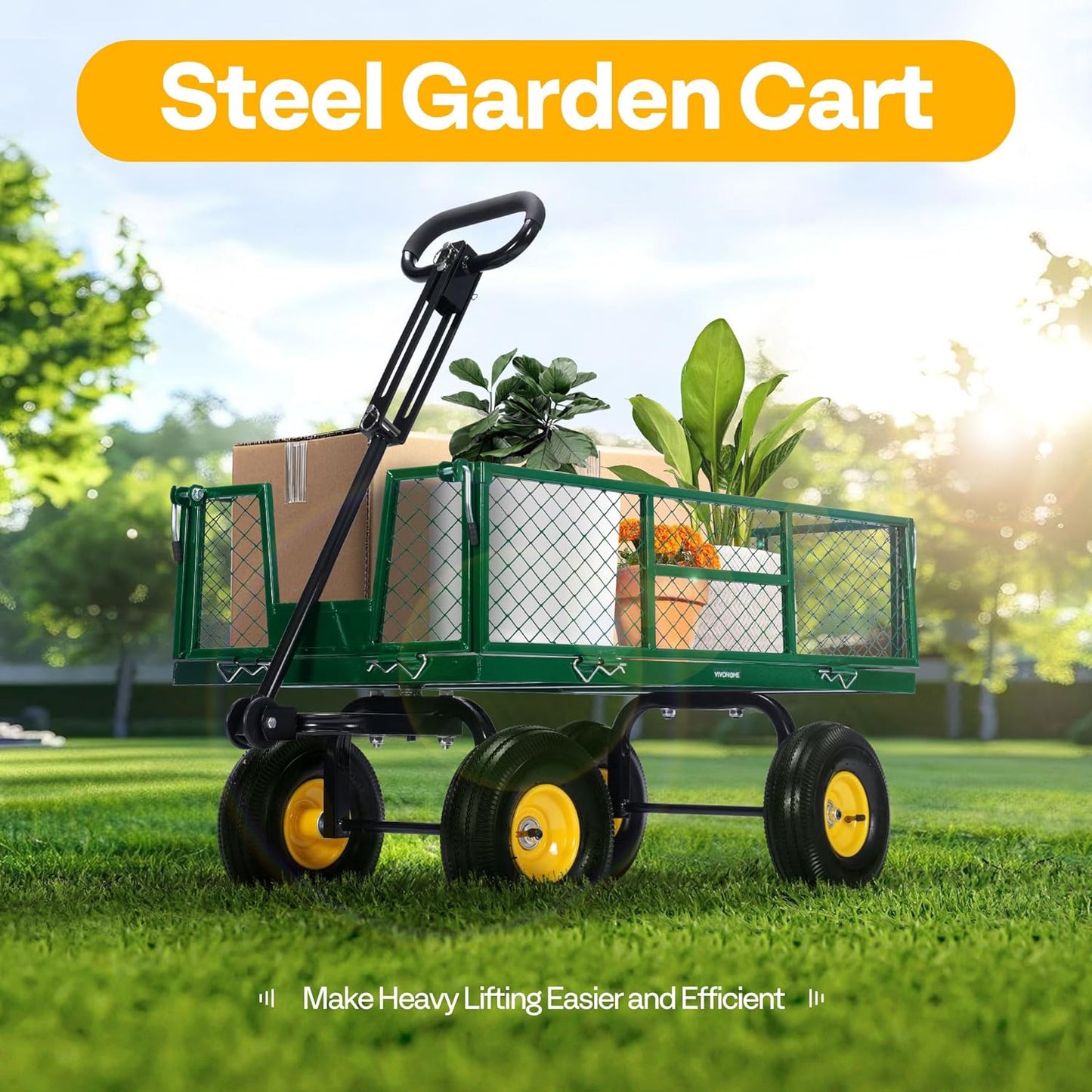 VIVOHOME Garden Cart Steel Heavy Duty 900 LBS Yard and Garden Wagon with 10 inch Tire and Handle Attach to ATV or Tractor Green