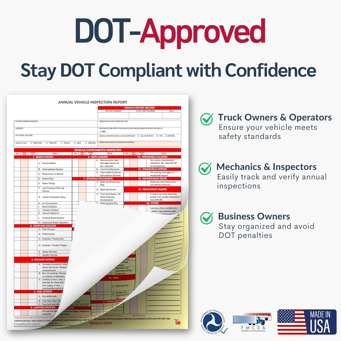 5 Pack 3-Ply Carbonless Annual Vehicle Inspection Report Forms with FMCSA Red Aluminum Labels & White Mylar Laminate Vinyl Labels, DOT Inspection Forms and Stickers, Shrink-Wrapped, 8.5" x 11.75"