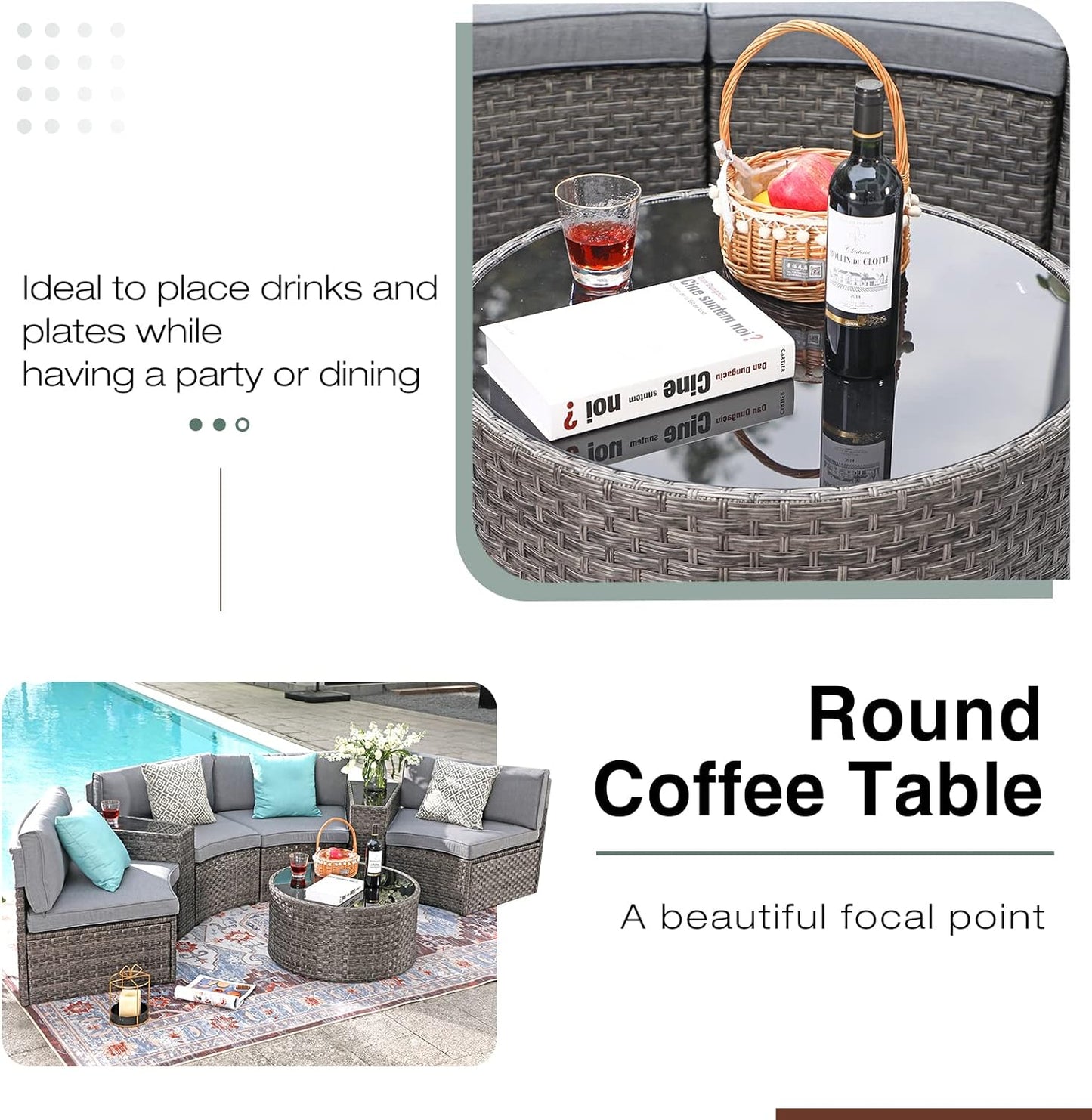 SUNSITT Outdoor Patio Furniture Sectional 7-Piece Half-Moon Curved Outdoor Sofa Set with Round Coffee Table, 4 Pillows & Waterproof Cover, Grey Rattan