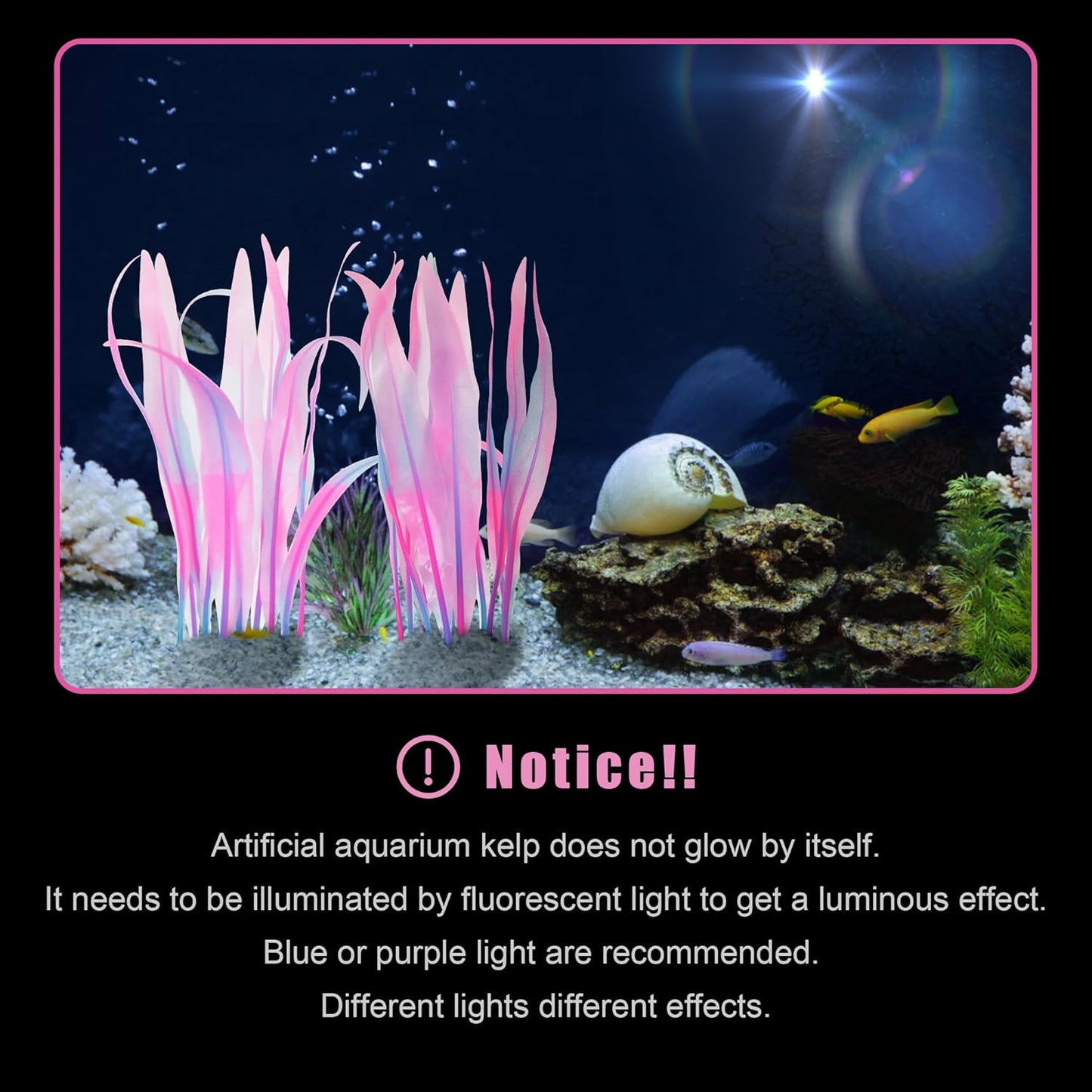 Kaiyuan Dynasty 2pc Aquarium Decor Plastic Plants Fish Tank Artificial Plants Glowing Aquarium Kelp Move with Water Flows Soft Silicone Aquatic Seaweed,7inch,Pink