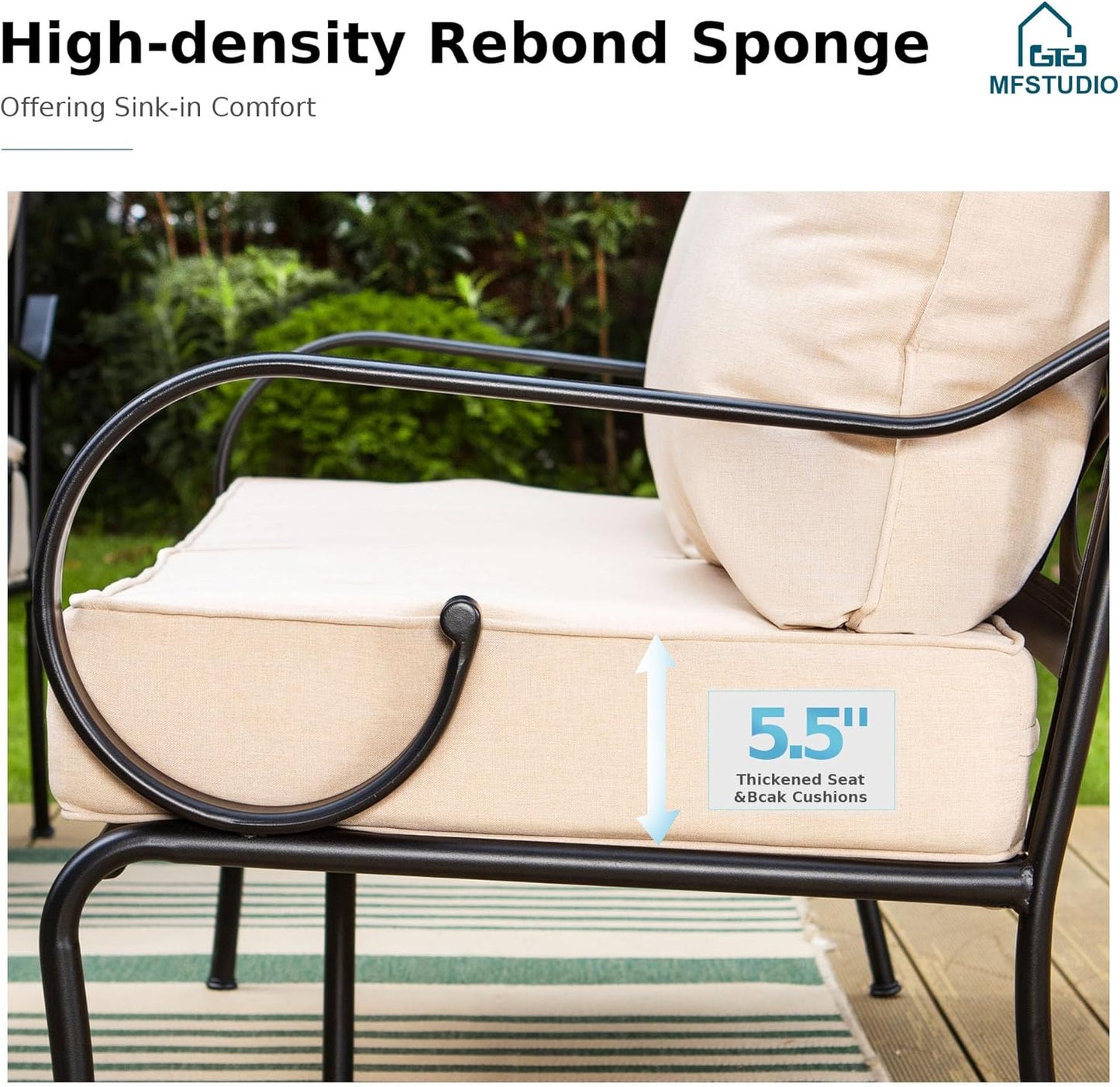 MFSTUDIO 5 Seats Large Metal Patio Conversation Sets, 4 Pieces Outdoor Sectional Furniture Sofa with 2 x Motion Chairs, 1 x 3-seat Sofa and 1 x 45 inches Rectangular Propane Fire Pit Table