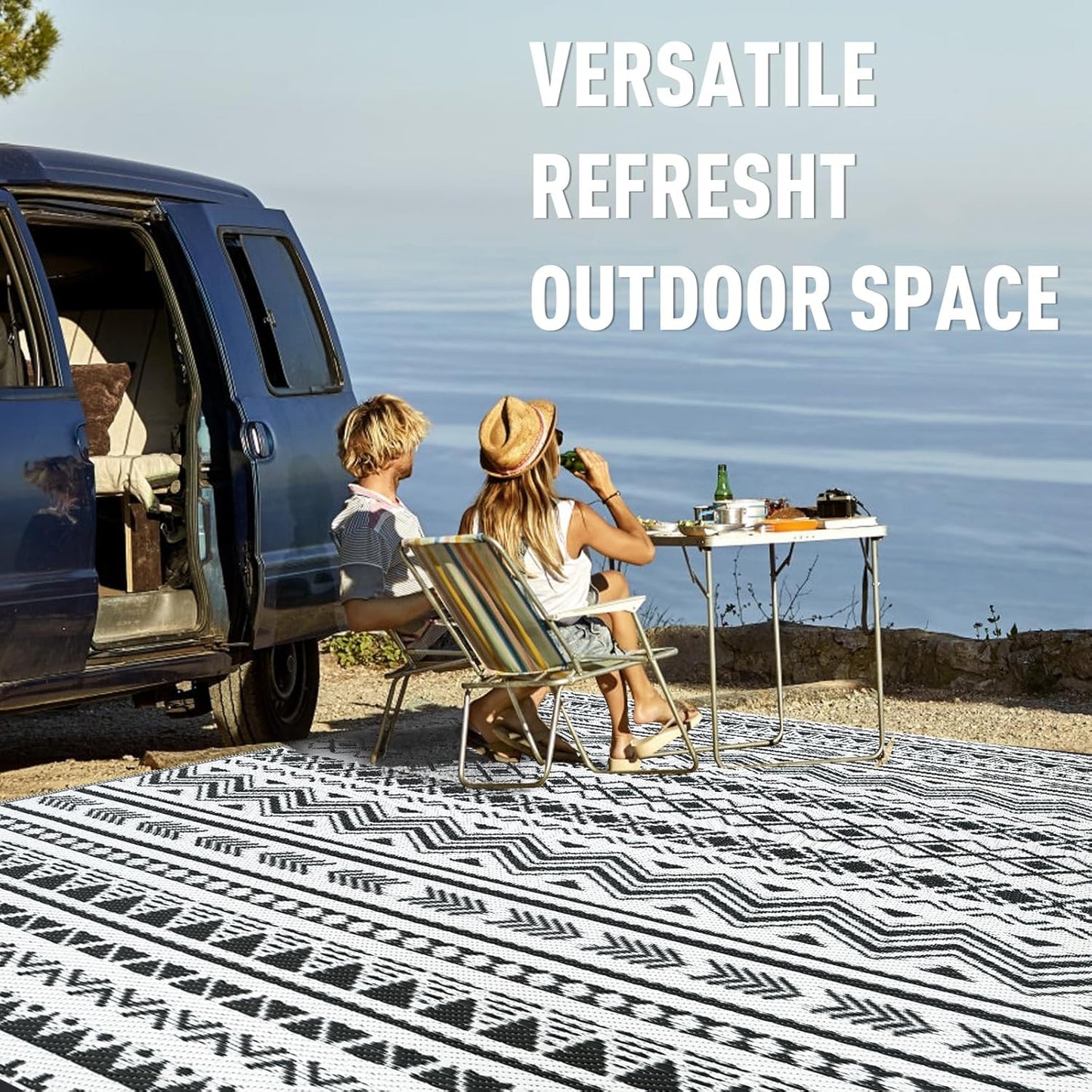 WILDROOTS 6x9 Feet Black and White Plastic Outdoor Rug, Stain Resistant Waterproof Reversible Outdoor Patio Rug, Fade Resistant Camping Rug