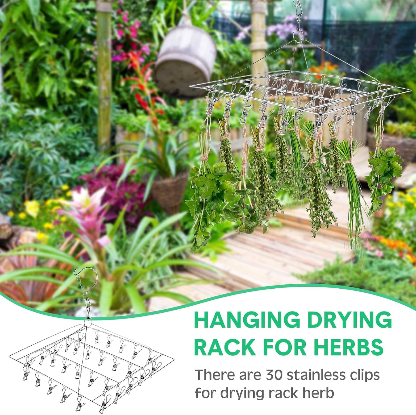 Bokon 4 Pcs Hanging Drying Rack for Herb Macrame Flower with Stainless Clip Dryer Hook for Drying Herb Air Plants Spices Flower Hydroponic Plant Ready to Use with Ceiling Hook(Square)