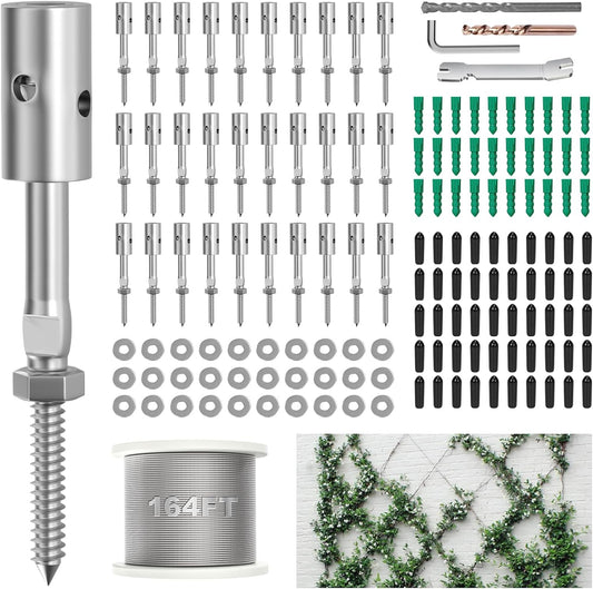 Trellis Wire for Climbing Plants Outdoor, 30 Set Wall Wire Trellis Kit with 1/8" x 164ft Stainless Steel Cable, T316 Espalier System Cable Trellis Kit with Adjustable Spacing Vines Green Wall