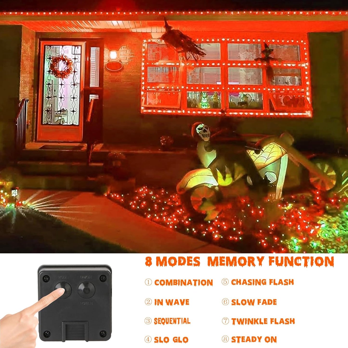 Joomer Orange Halloween Solar String Lights - 2 Pack Total 80FT 240LED Solar Fairy Lights, Waterproof Outdoor Twinkle Lights with 8 Modes for Garden, Porch, Trees, Halloween Decor (Black Wire)