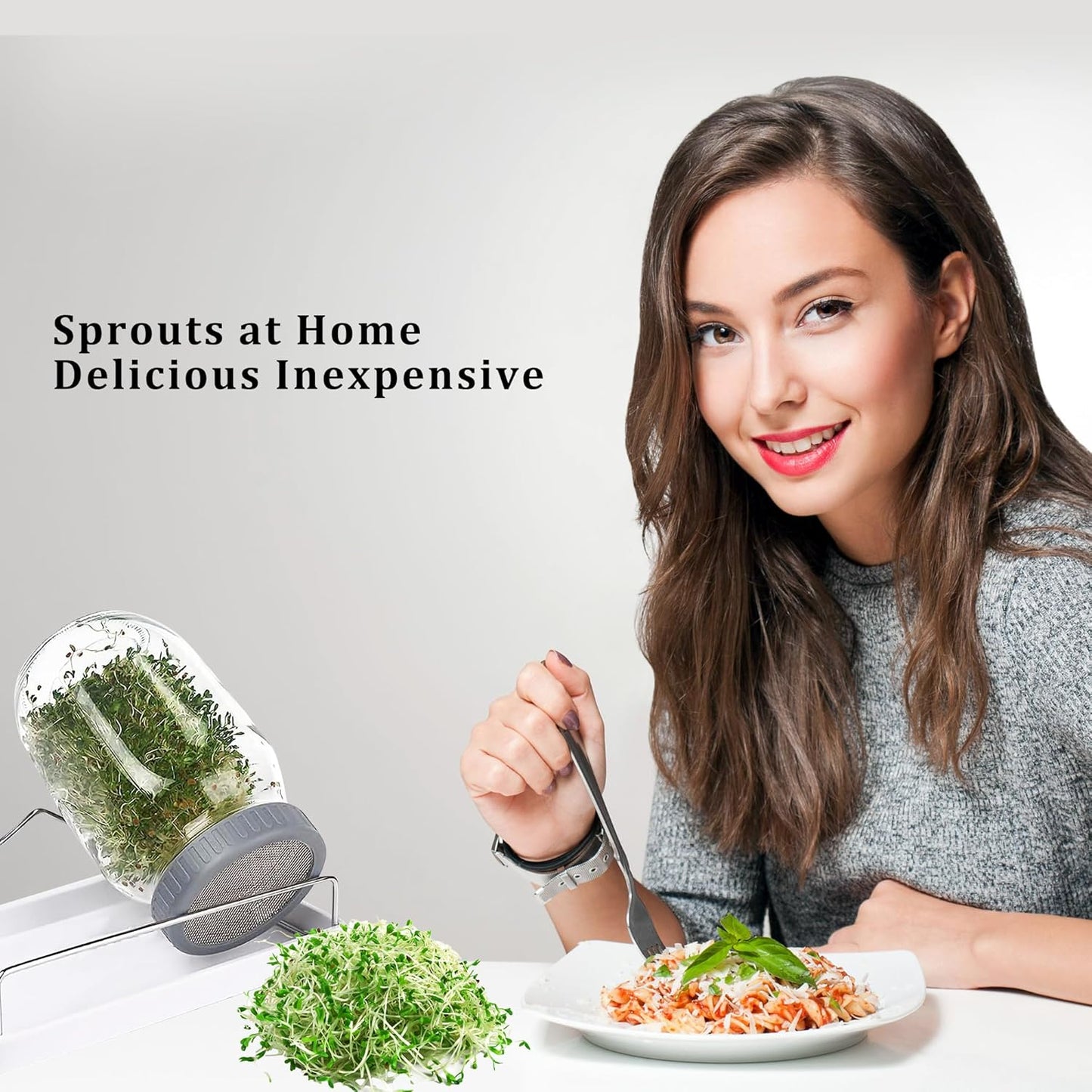 Organic Seed Sprouting Jar Kit – 2 × 32 oz Wide-Mouth Mason Jars with Stainless-Steel Sprouter Lids & Stand, Blackout Sleeves, Drain Tray – Grow Broccoli, Alfalfa & Bean Microgreens