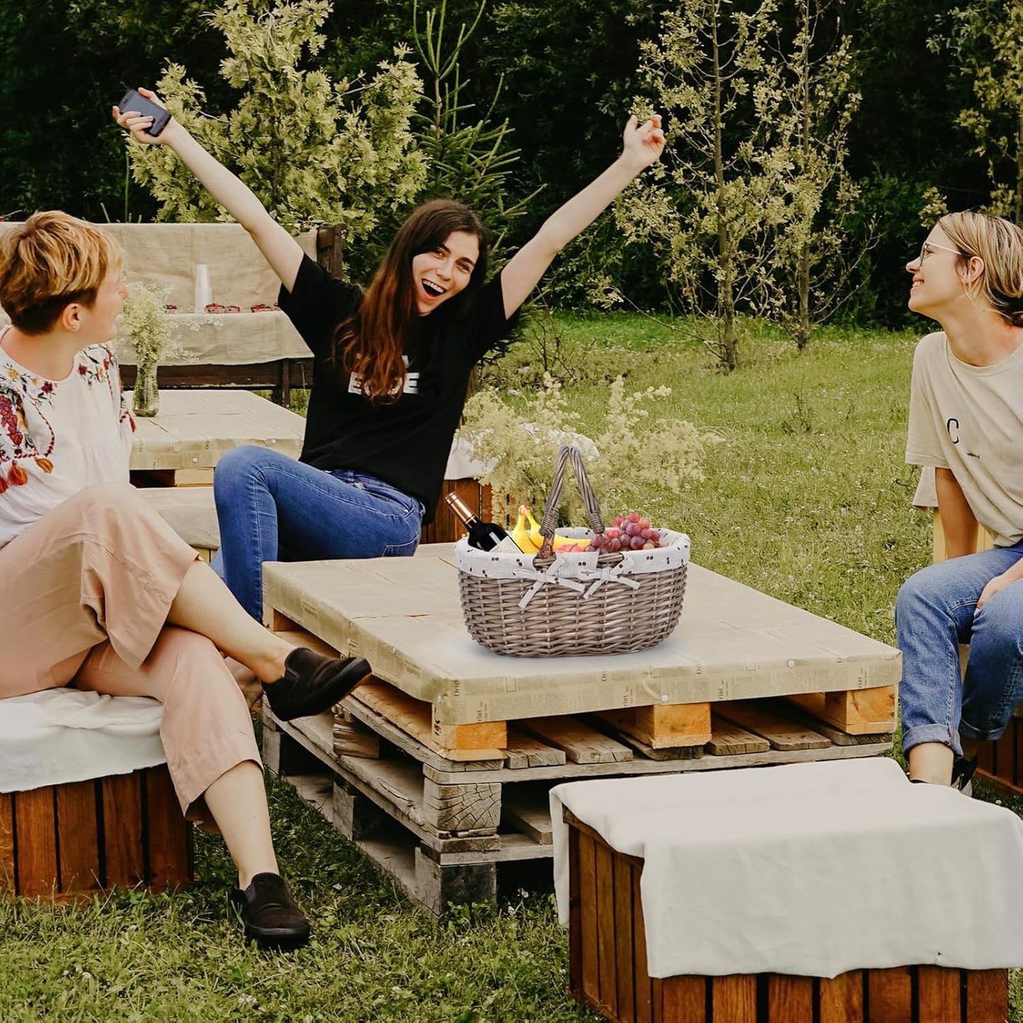 G GOOD GAIN Oval Picnic Basket with Folding Handles, Willow Hand Woven Shopping Basket, Bath Toy Kids Toy Storage Gift Packing Basket, Wicker Empty Easter Eggs and Candy Small Gift Basket. Beige