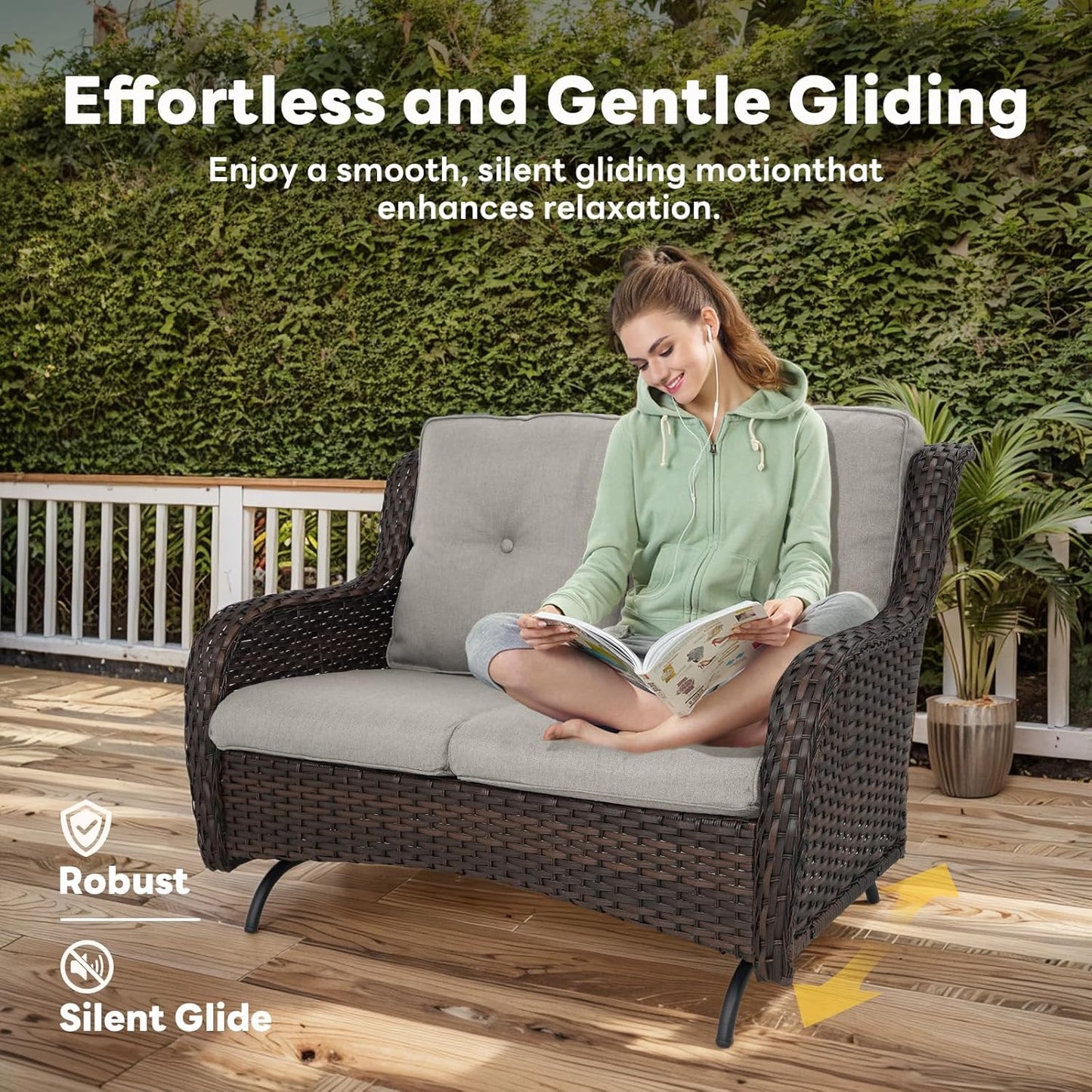 5 Piece Outdoor Patio Furniture Set - Outdoor Conversation Couch and Loveseat Glider Chair Furniture Set with Rattan Coffee Table for Deck Balcony Poolside Brown Wicker/Grey Cushions