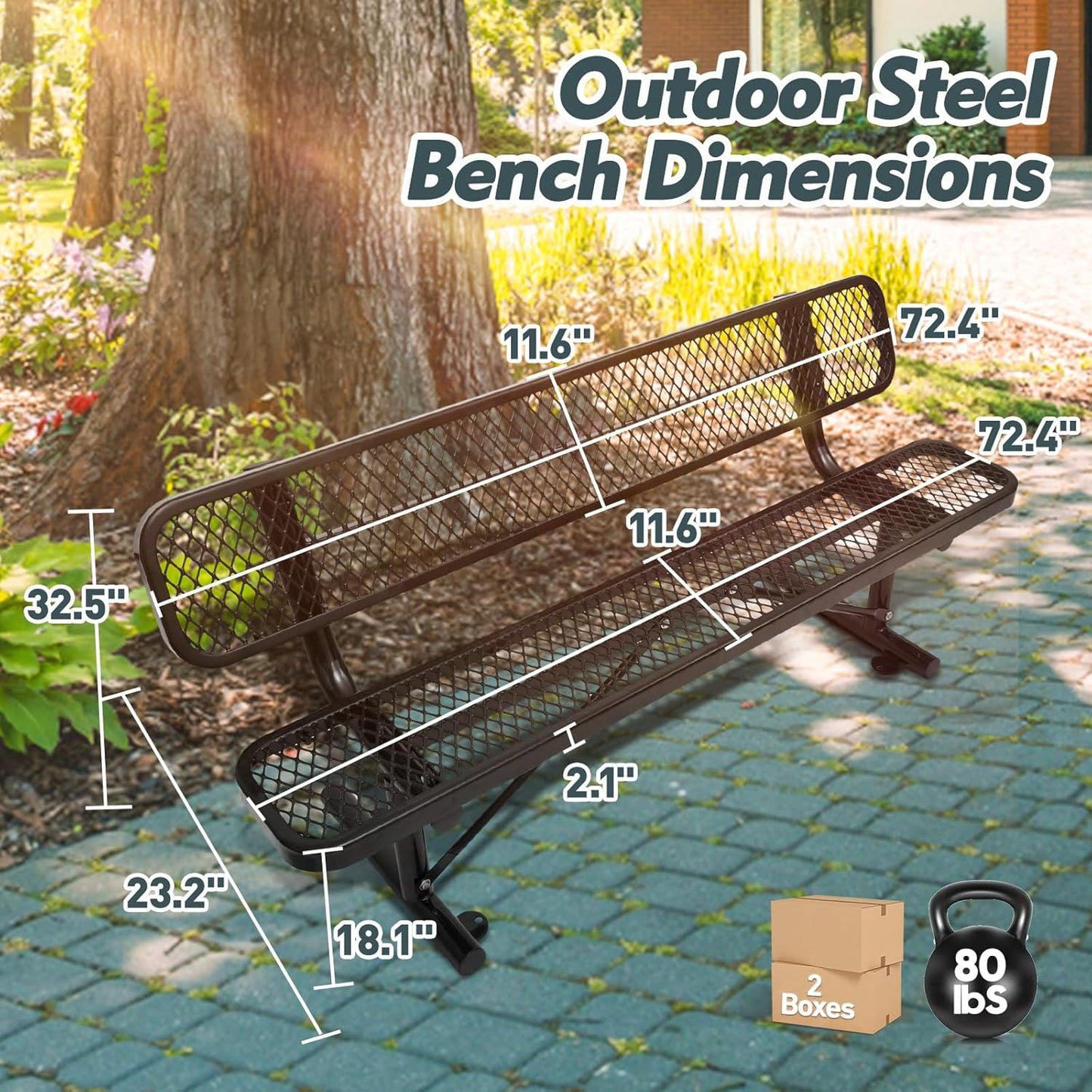 Outdoor Garden Bench, Cast Iron Metal Frame Patio Park Bench with Backrest, Portable Expanded Metal Black Bench, Commercial-Grade Outdoor Seating for Lawn, Patio, Park, Yard, Garden (Black, 6FT/72')