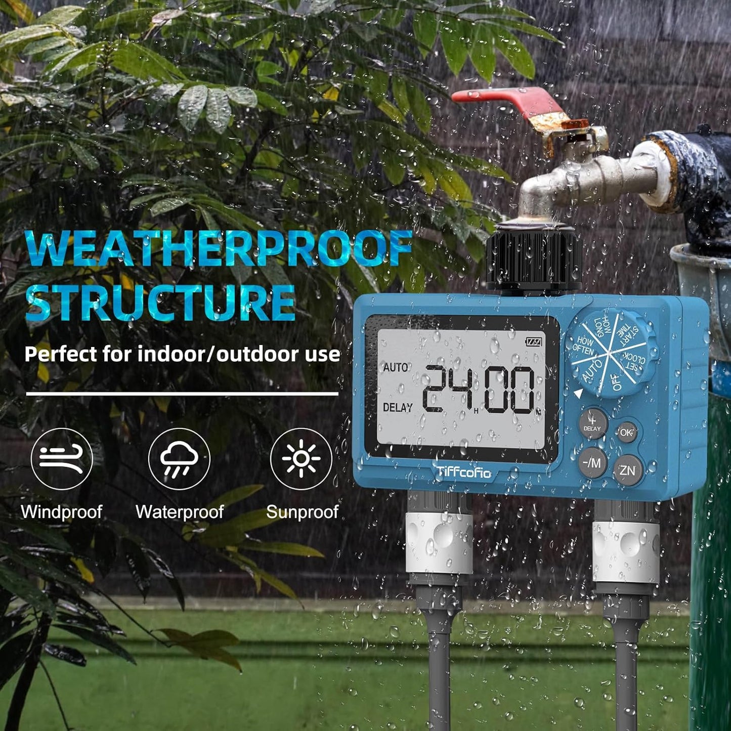 Sprinkler Water Timer Outdoor, 2 Outlets Digital Pogrammable for Garden Hose, Irrigrtion Timer with Rain Delay and Manual Mode (1 Pack)