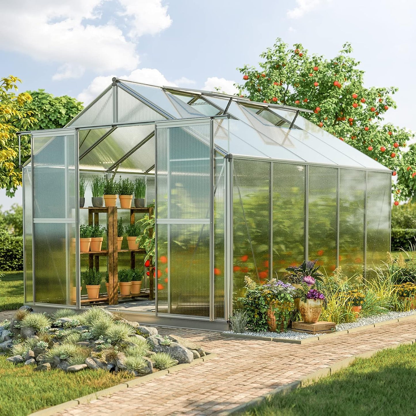 Greenhouse Topas 5 Aluminum Frame 7.4 x 10.6 ft Approx. 8 mm Polycarbonate Panels - with Bonus Base Frame and Automatic Vent Opener
