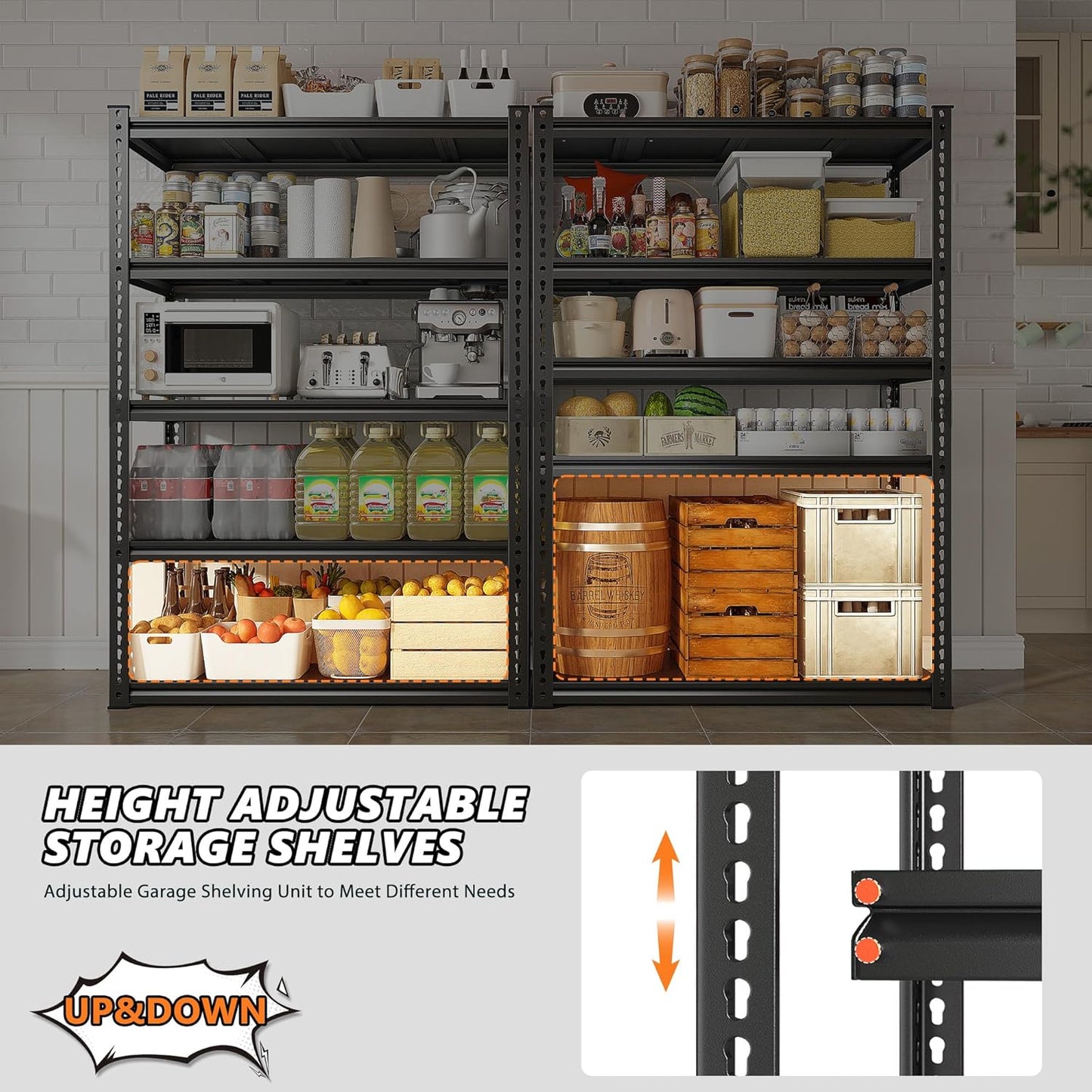 REIBII 72'' Storage Shelves 2050LBS Garage Shelving Heavy Duty 5-Tier Metal Shelving Adjustable Garage Shelves for Storage,Basement, Warehouse,72" H*31.5" W*16.5" D, 2PC