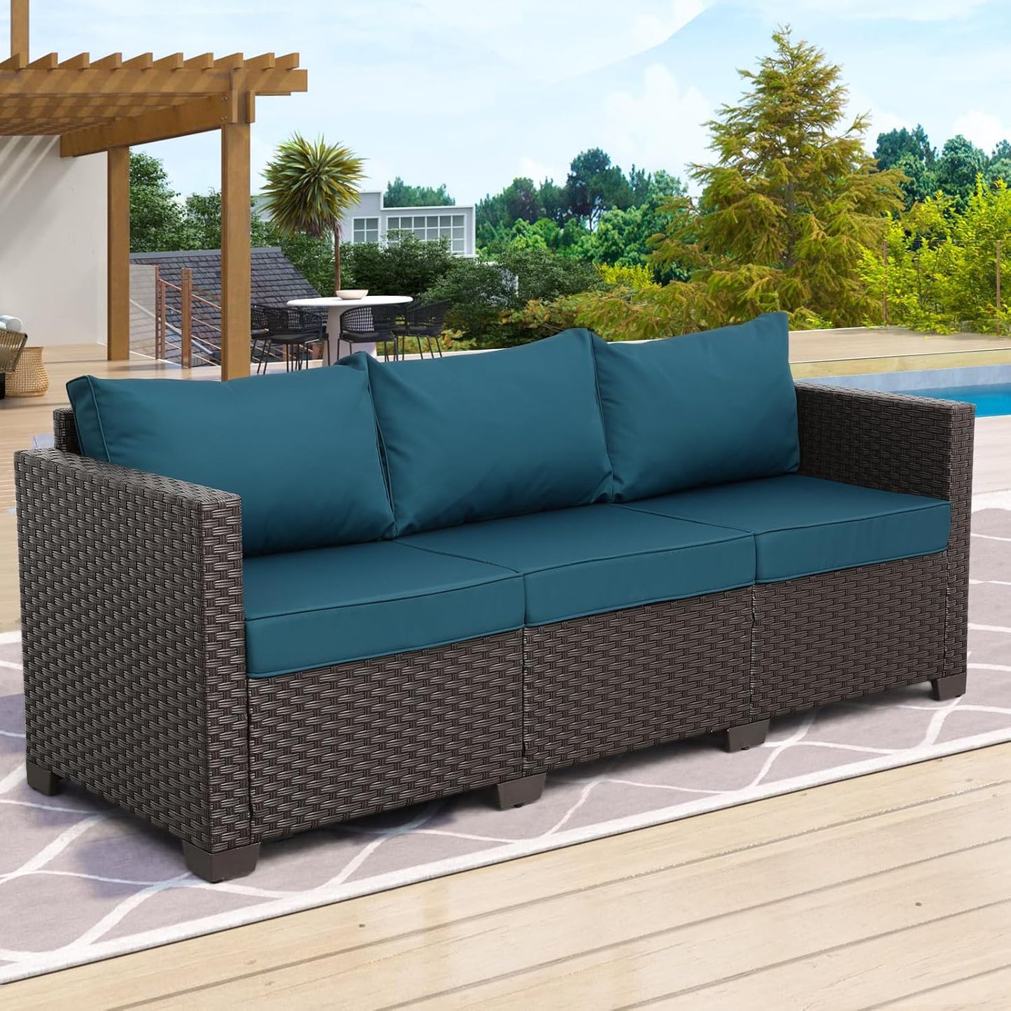Rattaner Outdoor Furniture Wicker Outdoor Couch Patio Furniture 3-seat Sofa Deep Seat Hight Backrest Waterproof Cover Anti-Slip Cushions, Peacock Blue