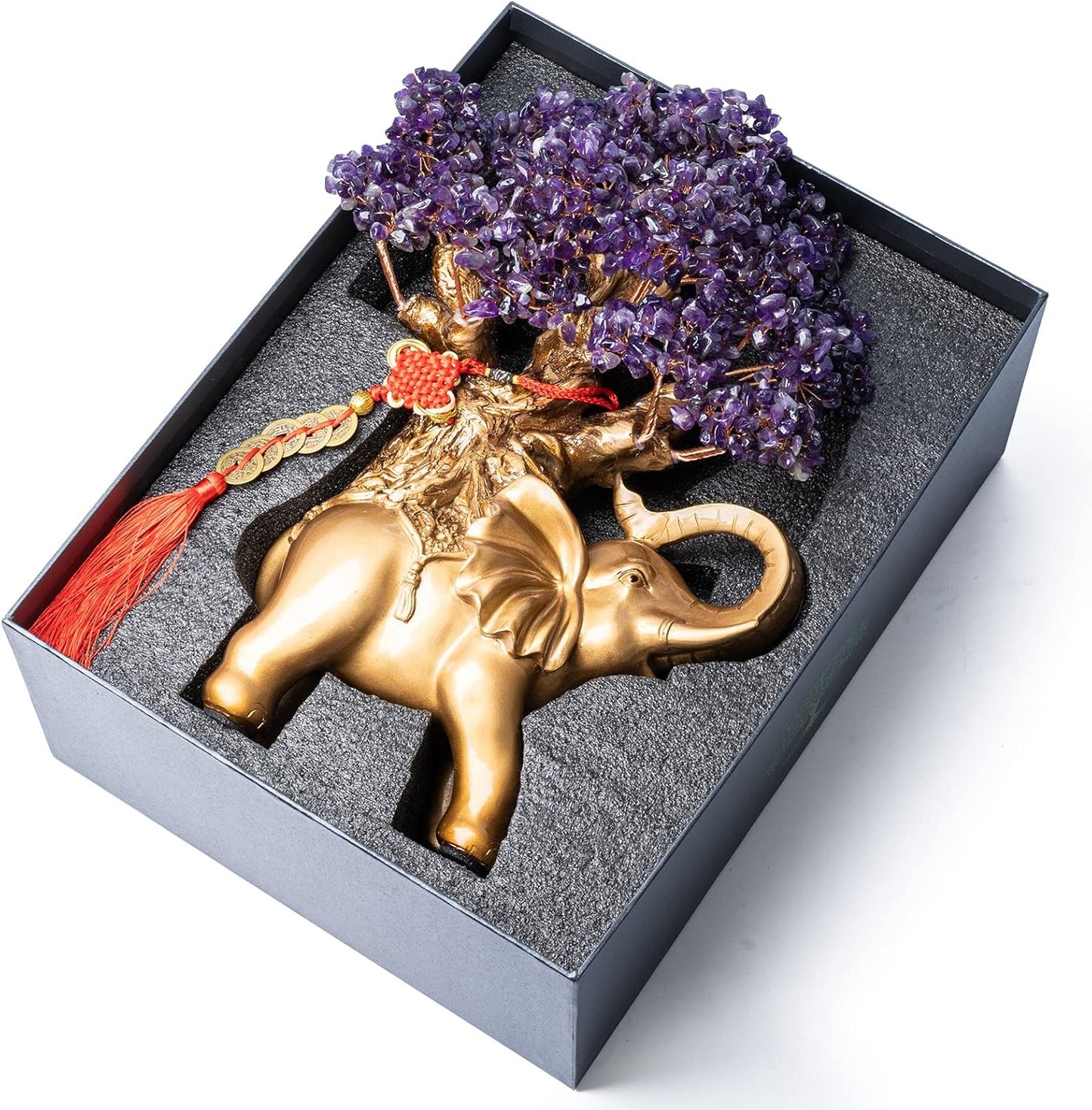 Amethyst Crystal Money Tree on Gold Elephant Statue, 17”Large Gemstone Bonsai Tree of Life Home Décor Gifts for Wealth Positive Energy, Feng Shui Décor