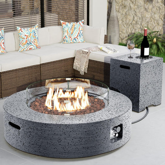 COSIEST 42 inch Outdoor Propane Fire Pit Coffee Table w Concrete Round Base Patio Heater, CSA Certified, 50,000 BTU Stainless Steel Burner, Free Lava Rocks, Rain Cover, Wind Guard, Tank Cover, Gray