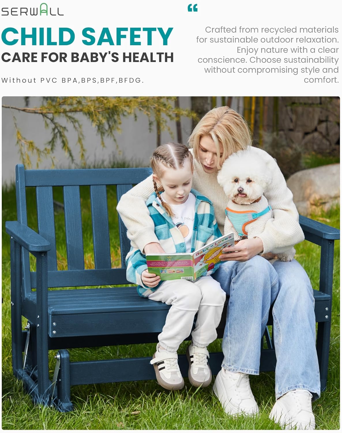 SERWALL Outdoor Glider Bench, HDPE All Weather Swinging Bench for Outdoor Porch Garden, 660LBS Capacity, Navy Blue